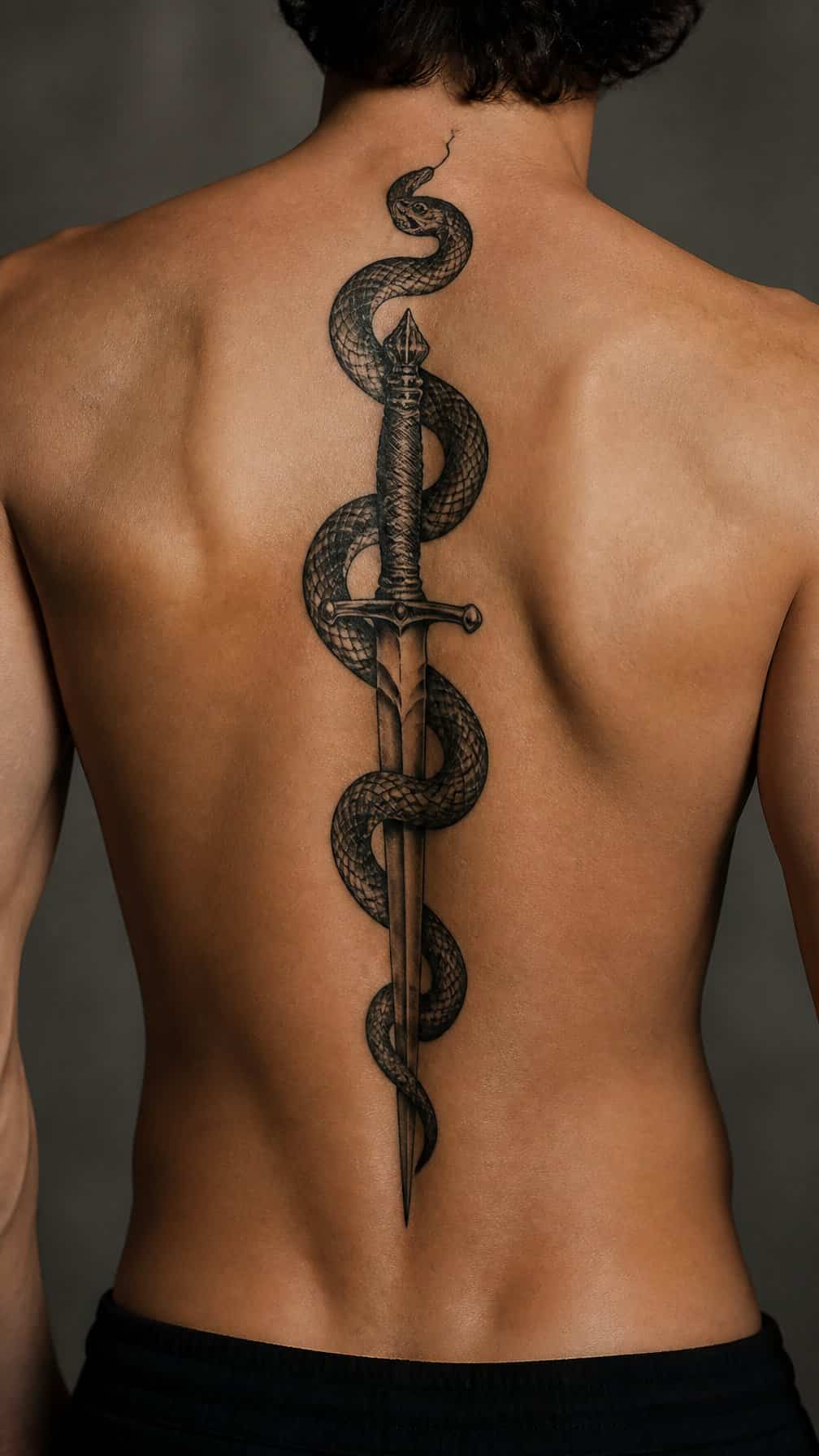 A person’s back showing a snake and dagger tattoo running vertically along the spine.