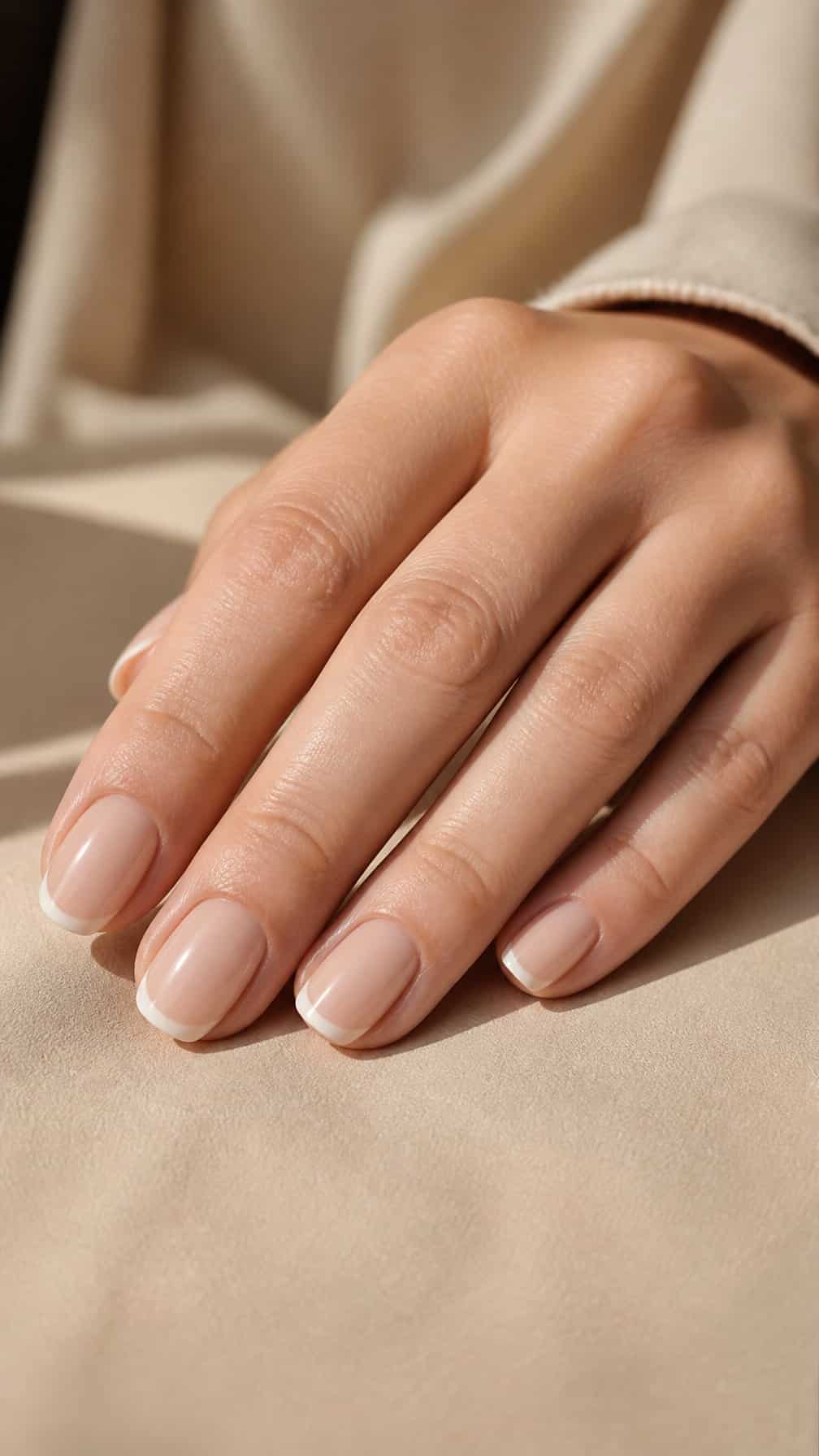 A close-up of a hand with soft beige oval nails and delicate white French tips.