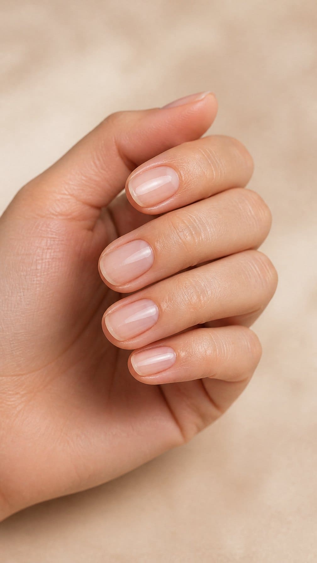 A well-groomed hand with short rounded nails painted a sheer soft beige.