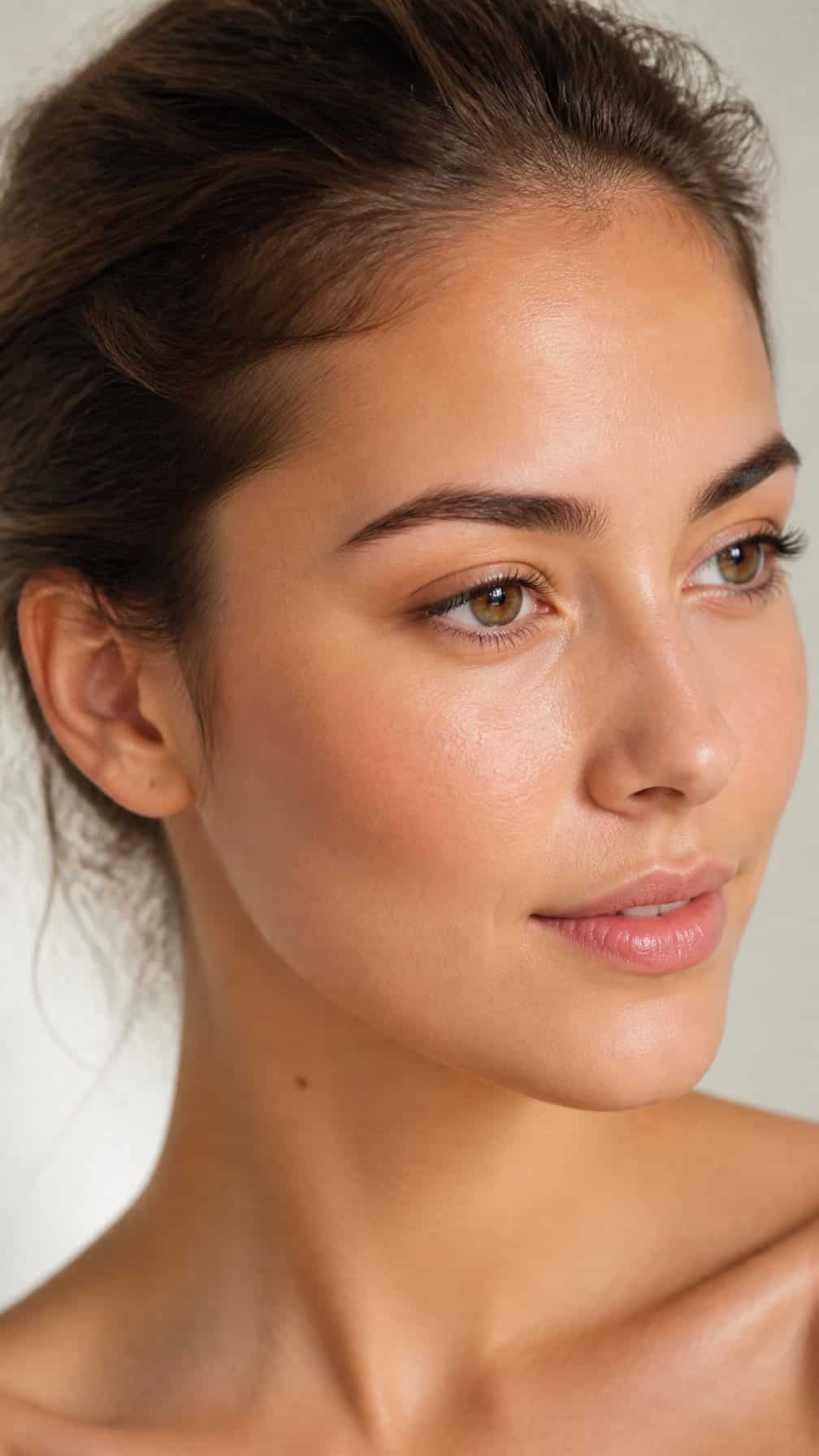 Woman with natural makeup and softly bronzed skin along her hairline.