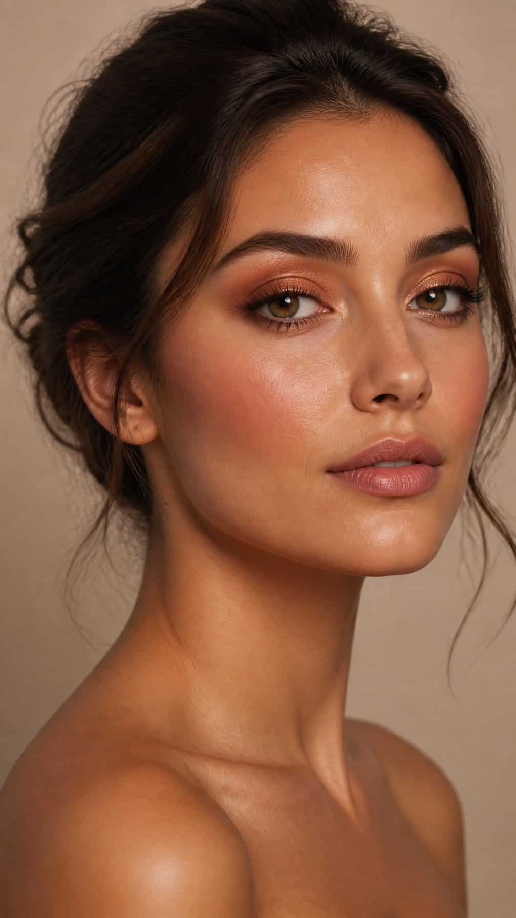 Close-up portrait of a woman wearing softly blended copper eyeshadow and natural glam makeup.
