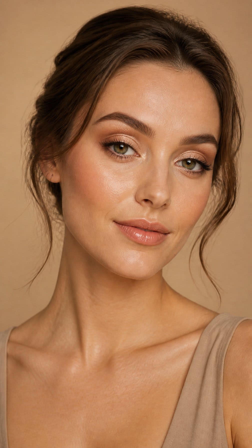 Close-up portrait of a woman wearing softly blended neutral eyeshadow with champagne shimmer on her eyelids.