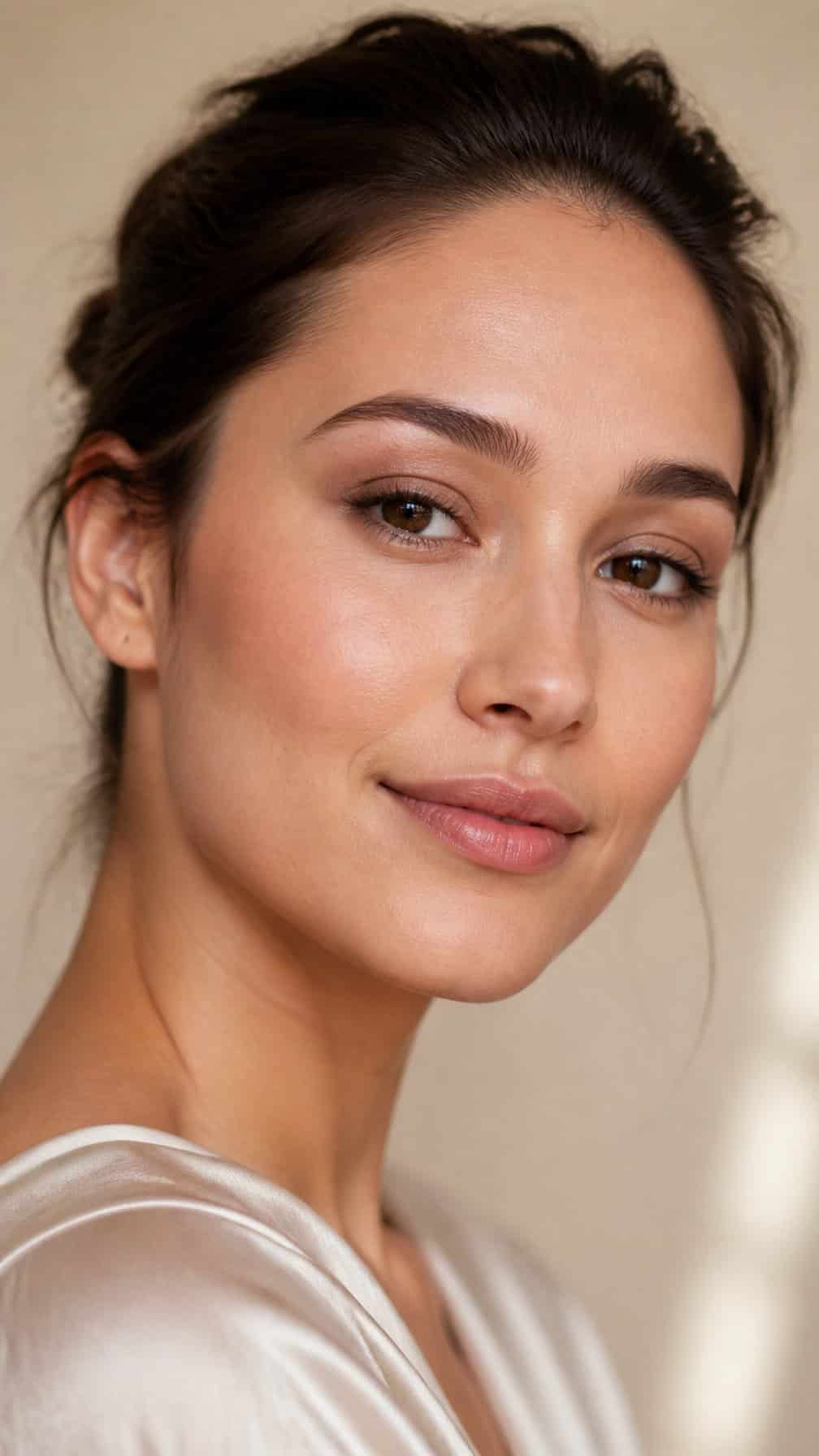 Woman wearing softly blended taupe eyeshadow and natural everyday makeup.