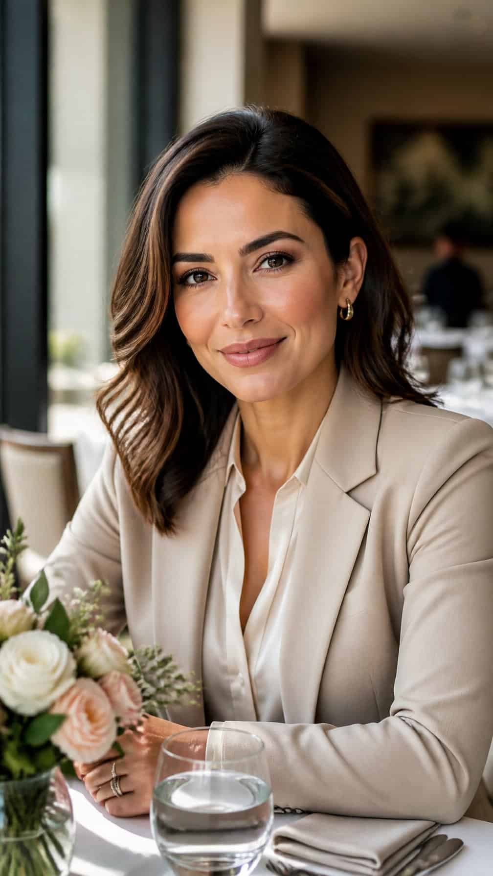 A woman with polished soft glam makeup sits at a restaurant table during a business lunch.