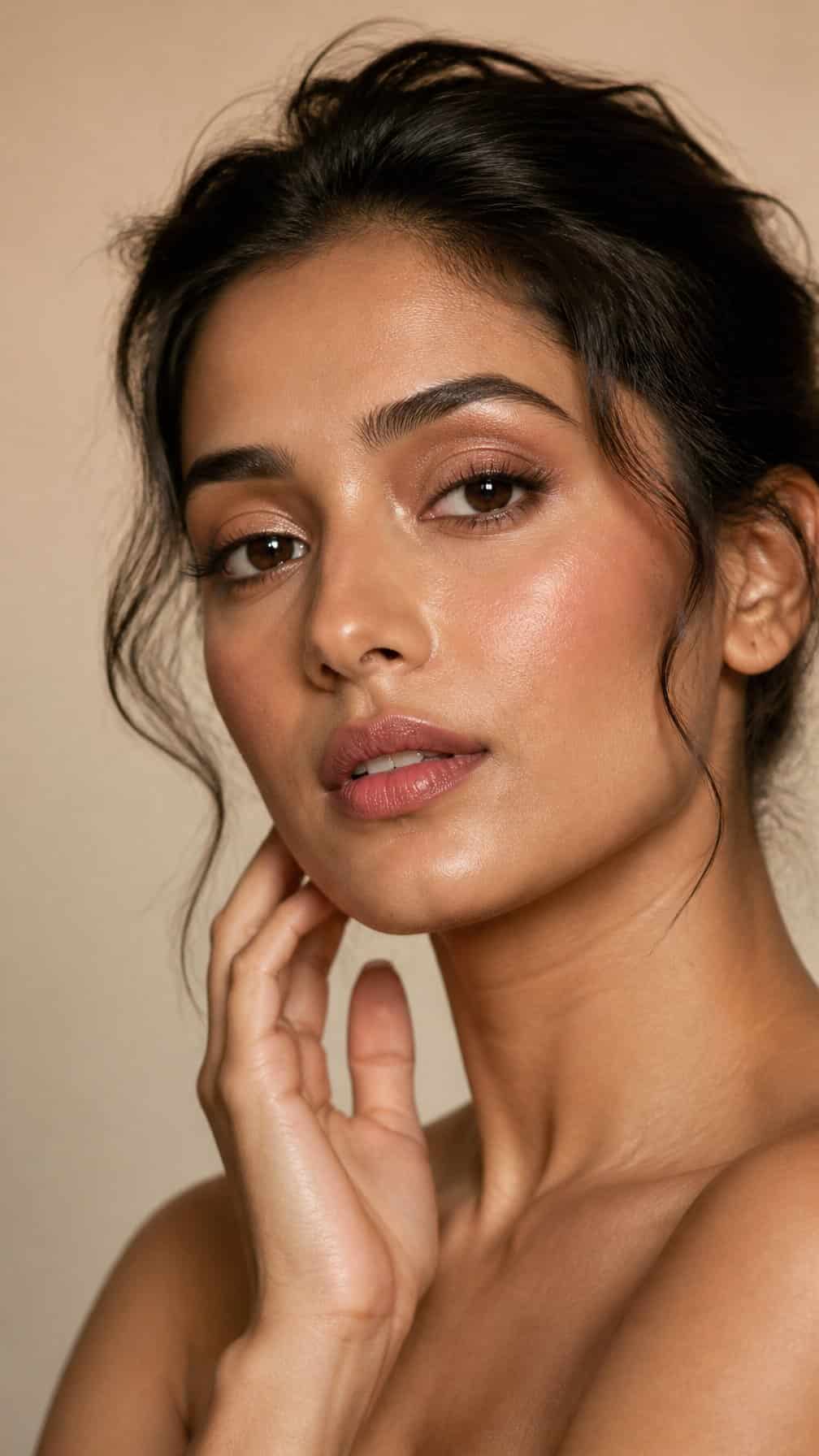 A woman with softly blended neutral makeup poses against a warm neutral background.