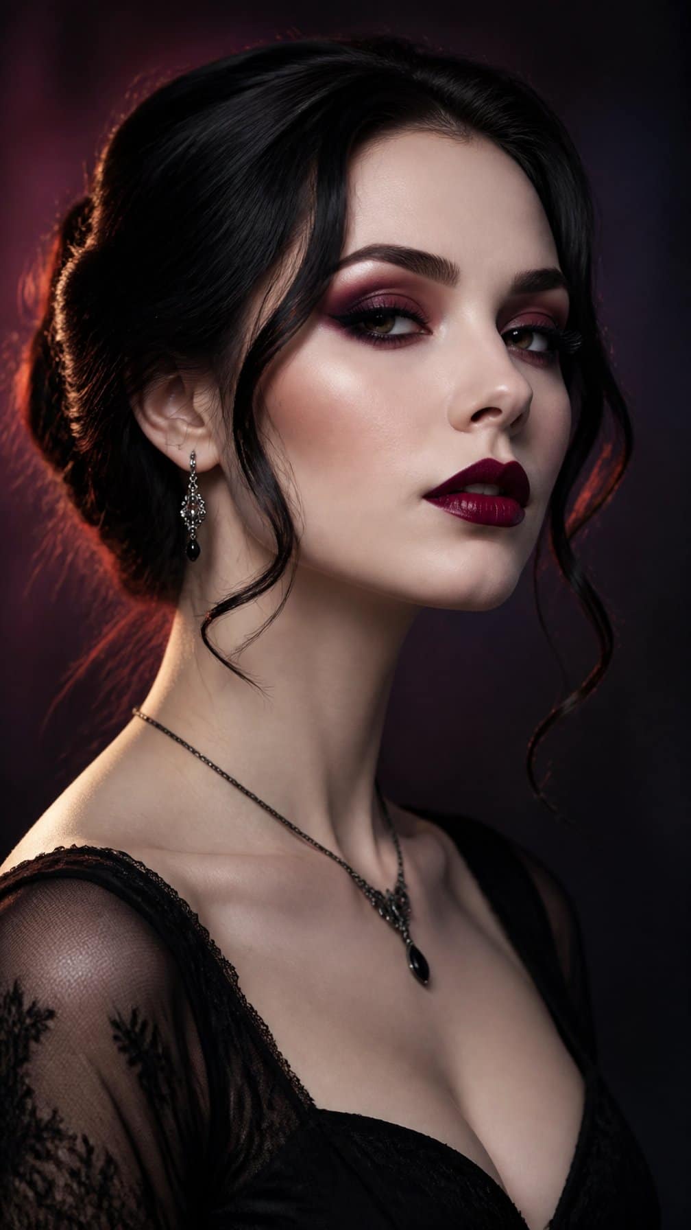 Woman wearing elegant soft glam vampire-inspired makeup in a close-up portrait.