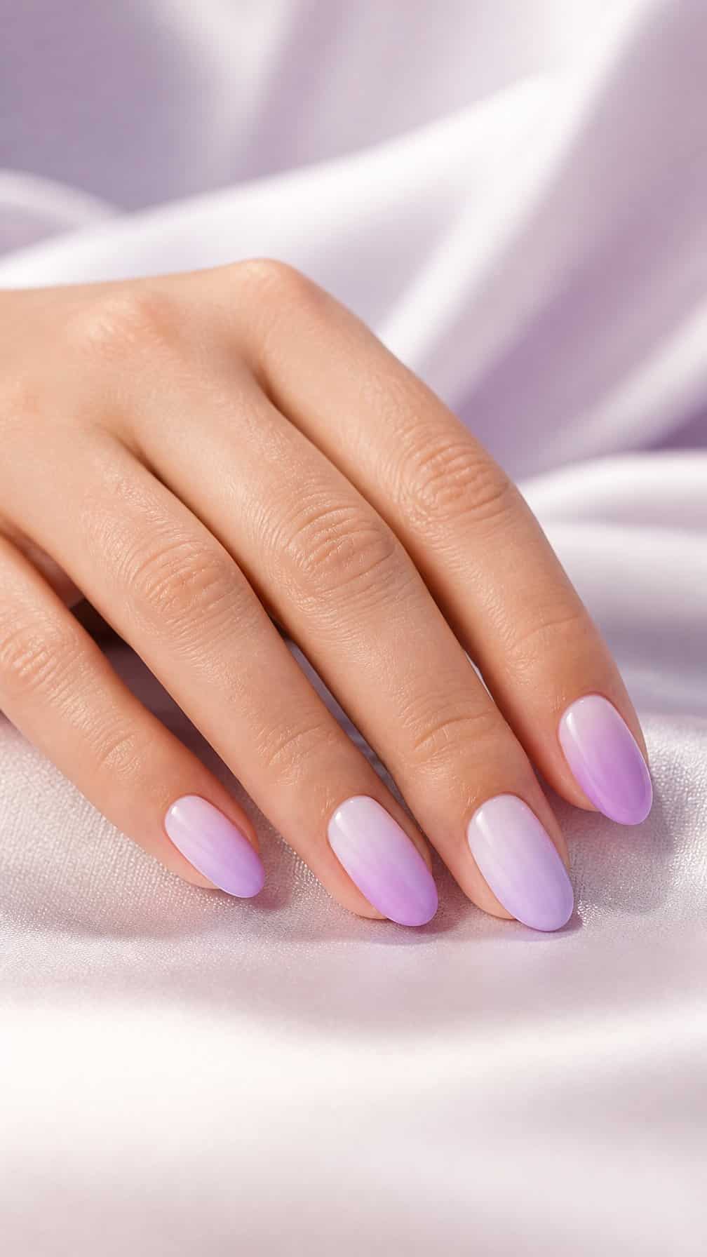 A hand with smooth lilac ombré nails resting on a light surface.