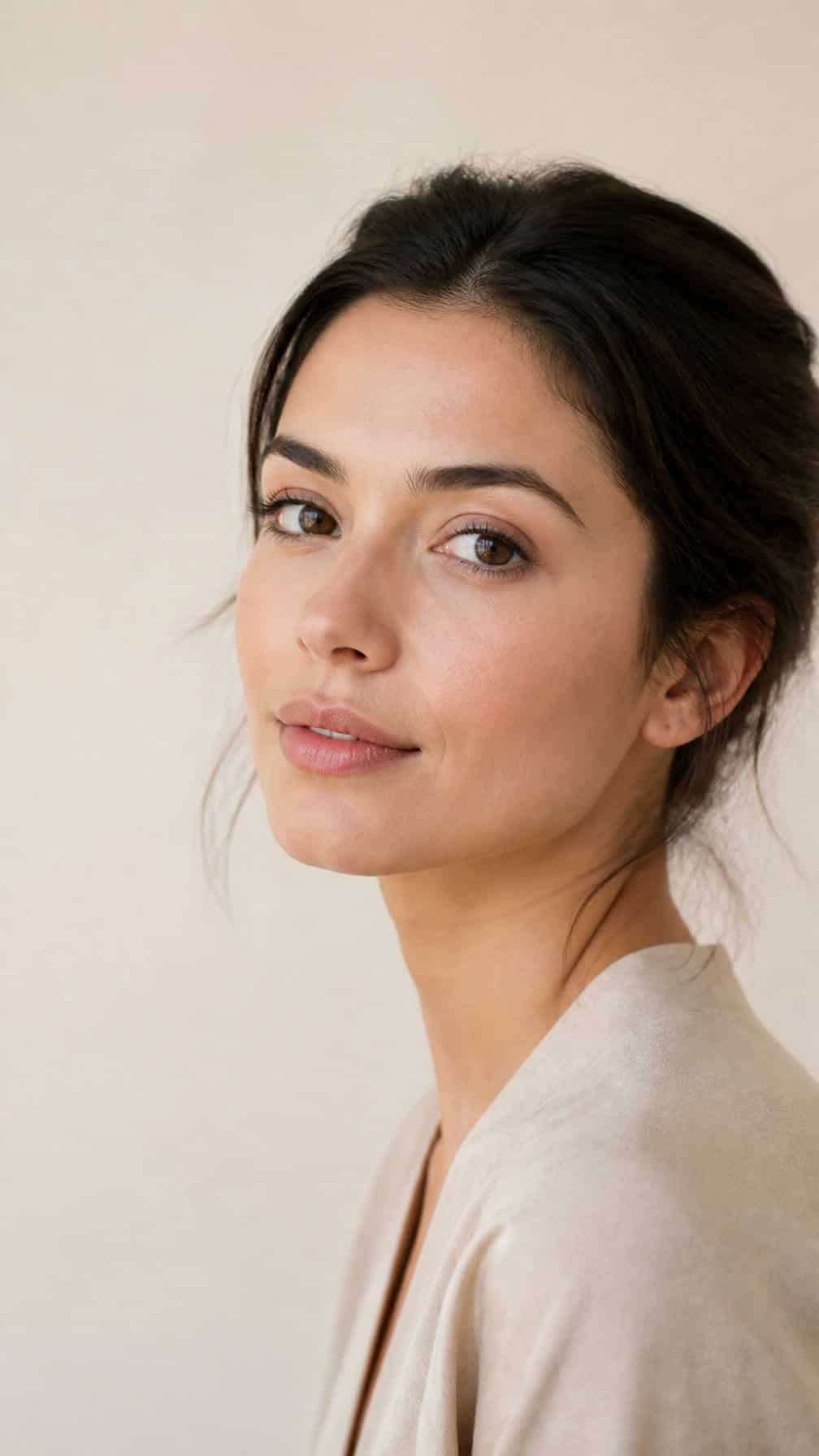 A woman with an even matte complexion and softly defined nude lips against a light background.