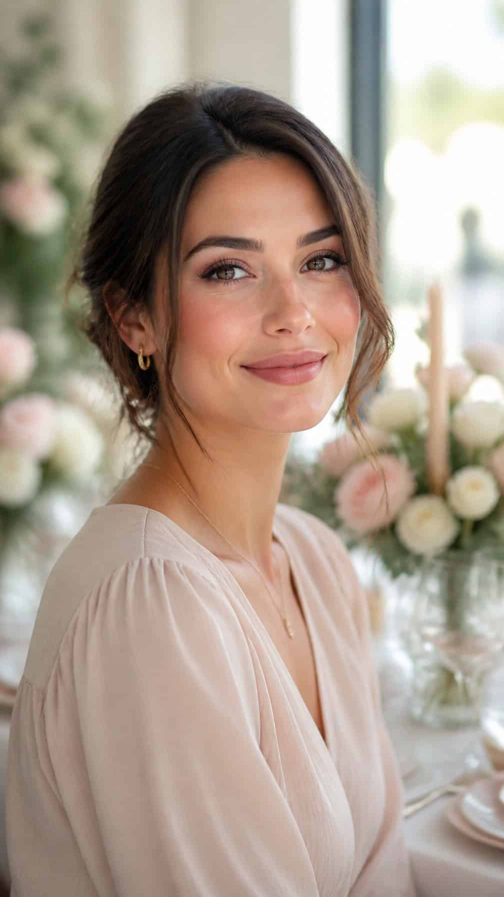 Woman wearing soft neutral makeup at an elegant bridal shower.