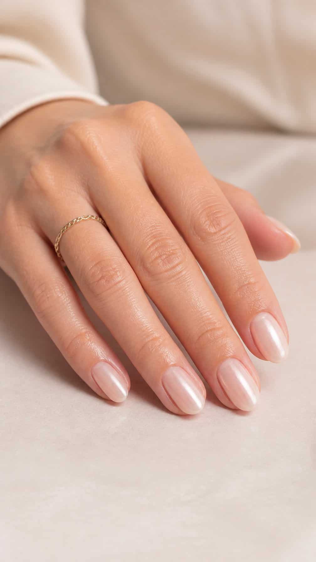 A well-groomed adult hand displays soft pearl-finished nude nails on a neutral surface.
