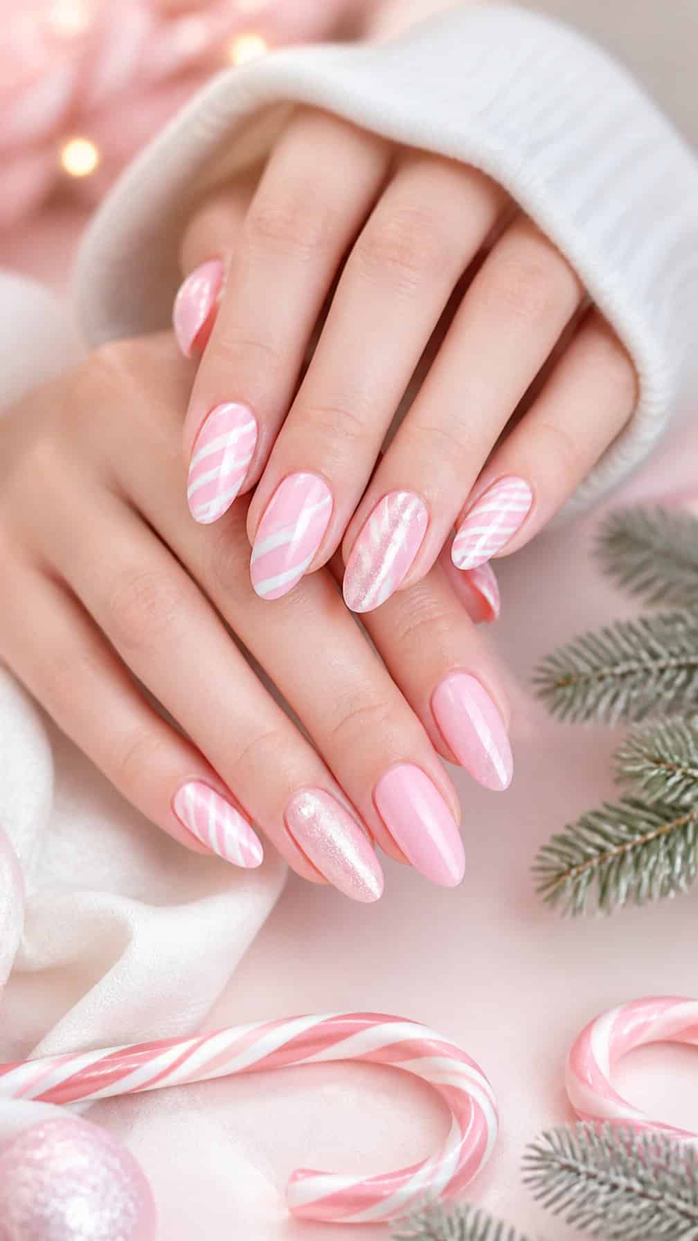 Close-up of hands with soft pink and white candy-cane striped holiday nails.