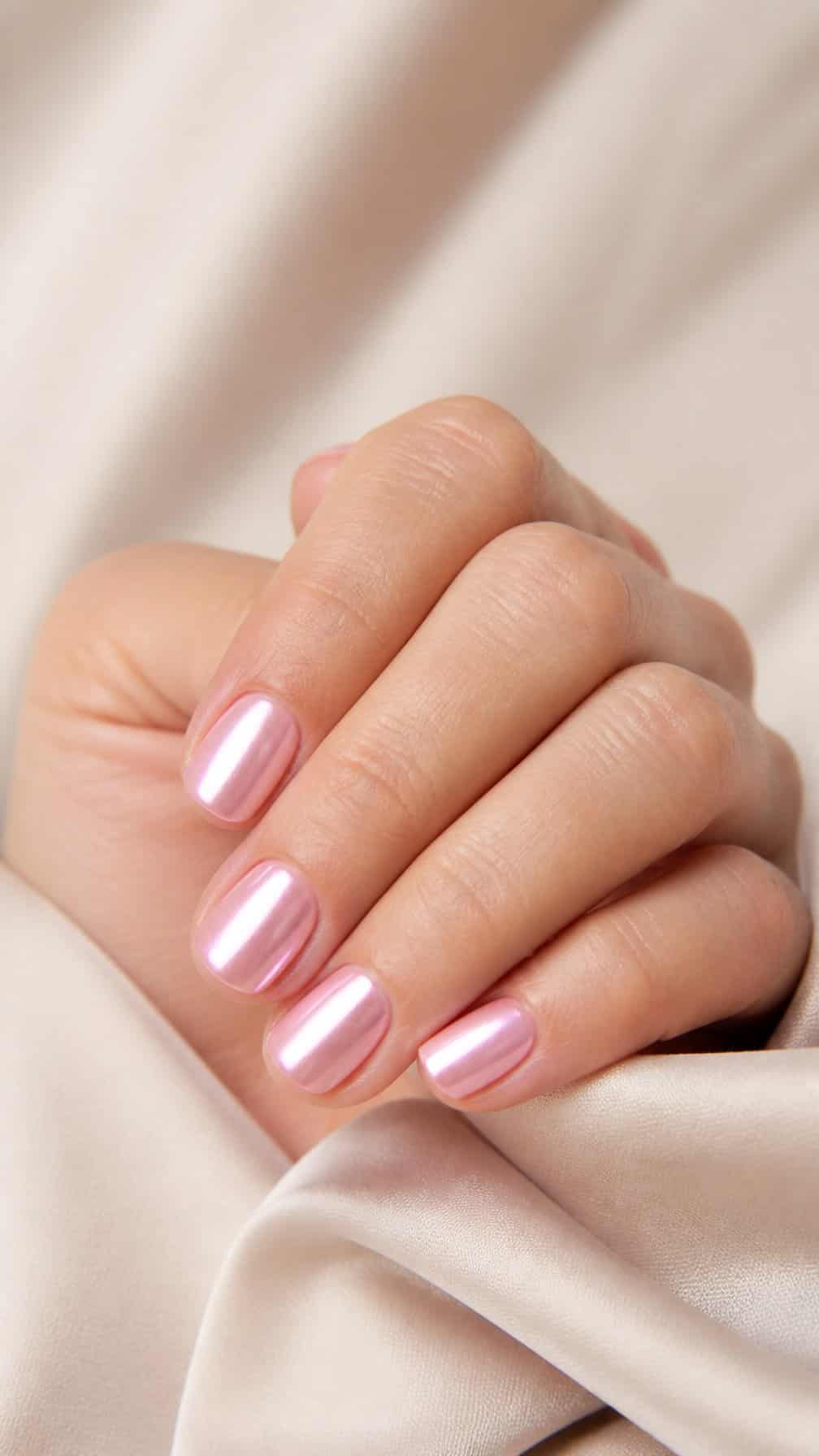 A hand with short, softly pink polished nails rests against a pale background.