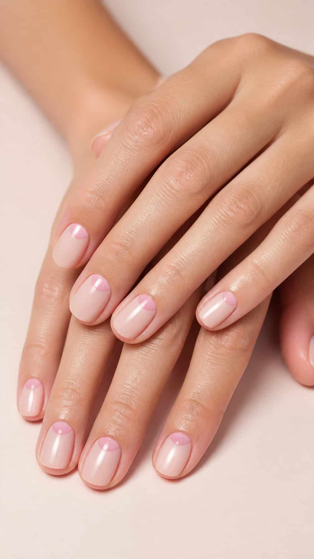 A hand displaying short natural nails with soft pink half-moon designs.