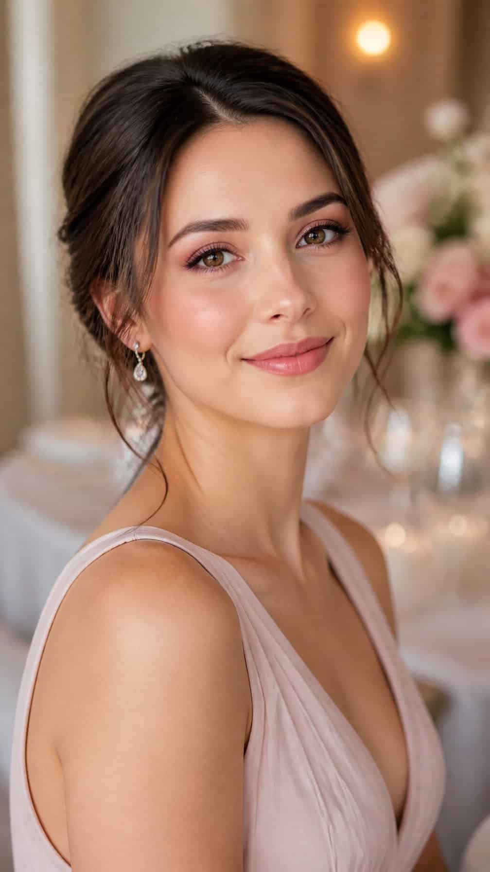 Bridesmaid wearing soft pink monochromatic makeup at a wedding reception.