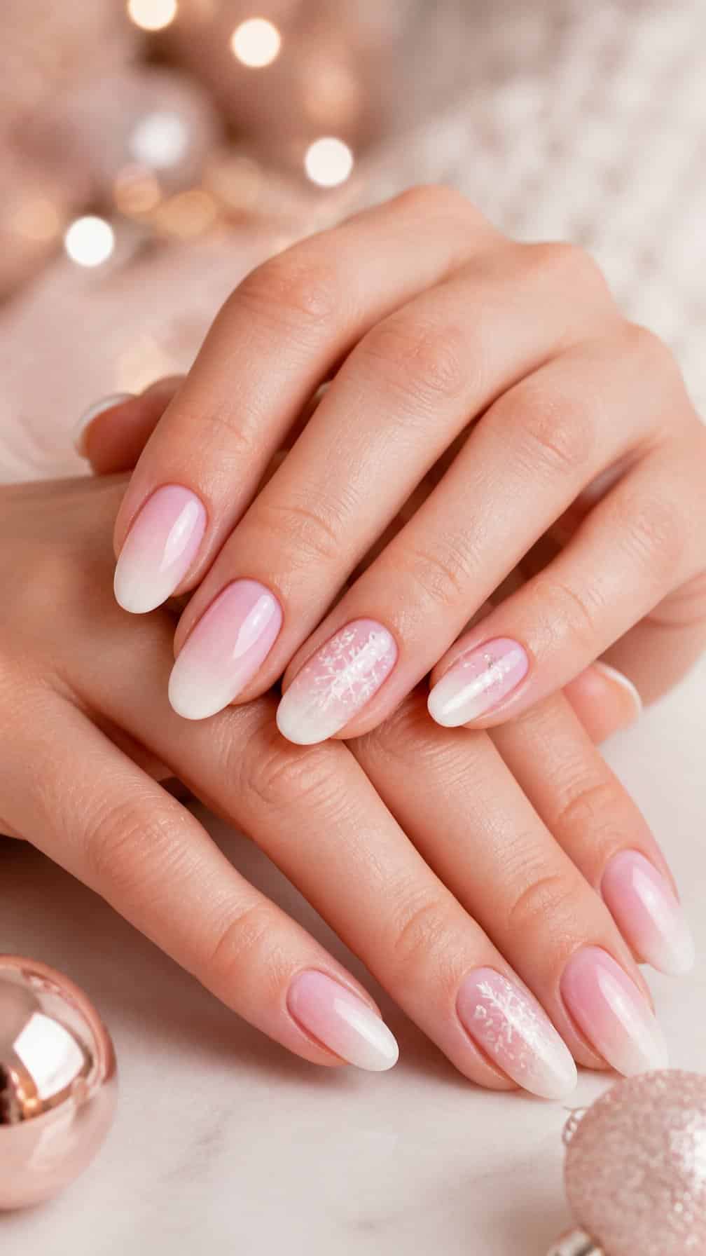 Close-up of hands with soft pink ombré holiday manicure.