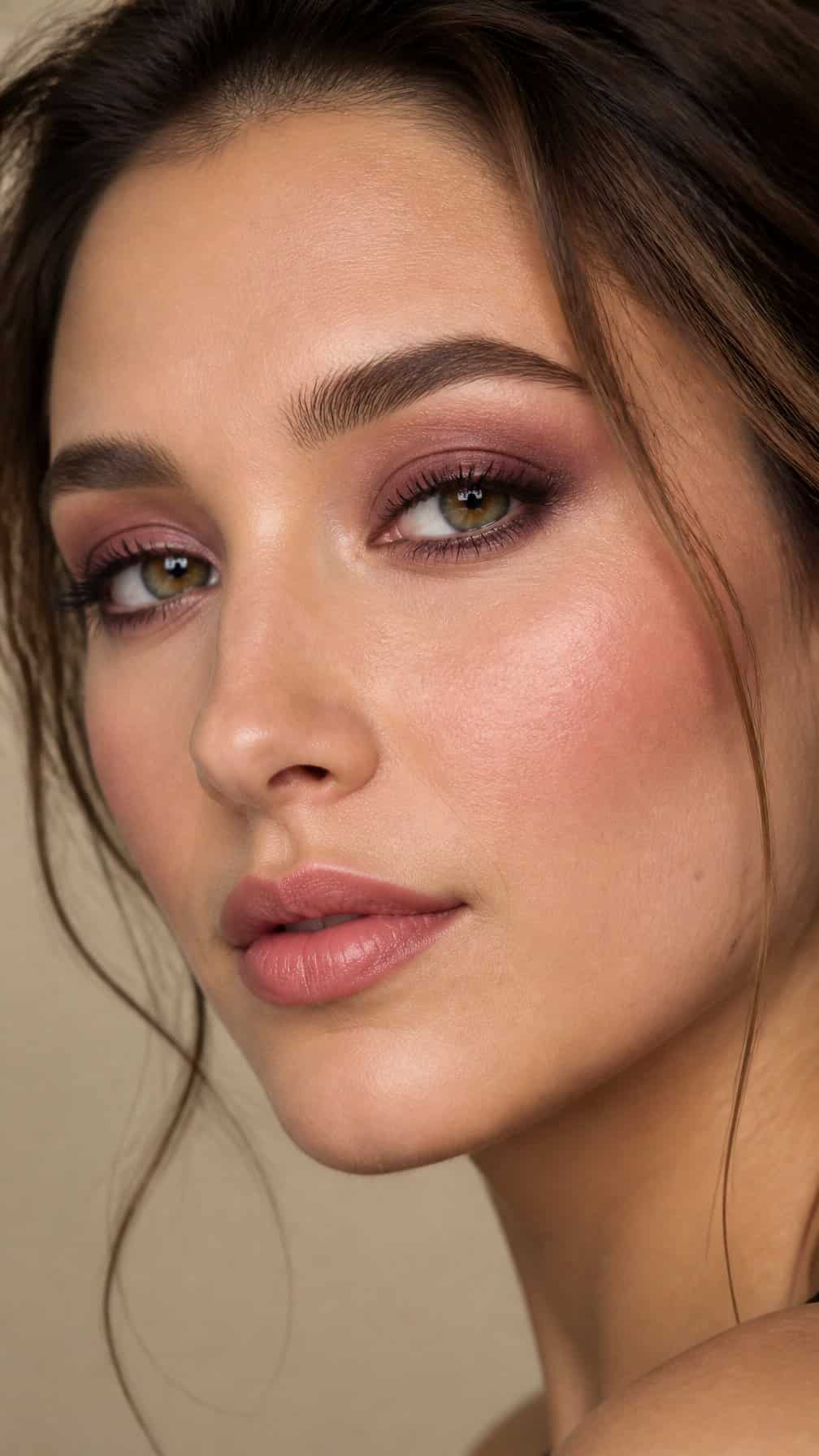 Close-up portrait of a woman with softly blended plum eye makeup.