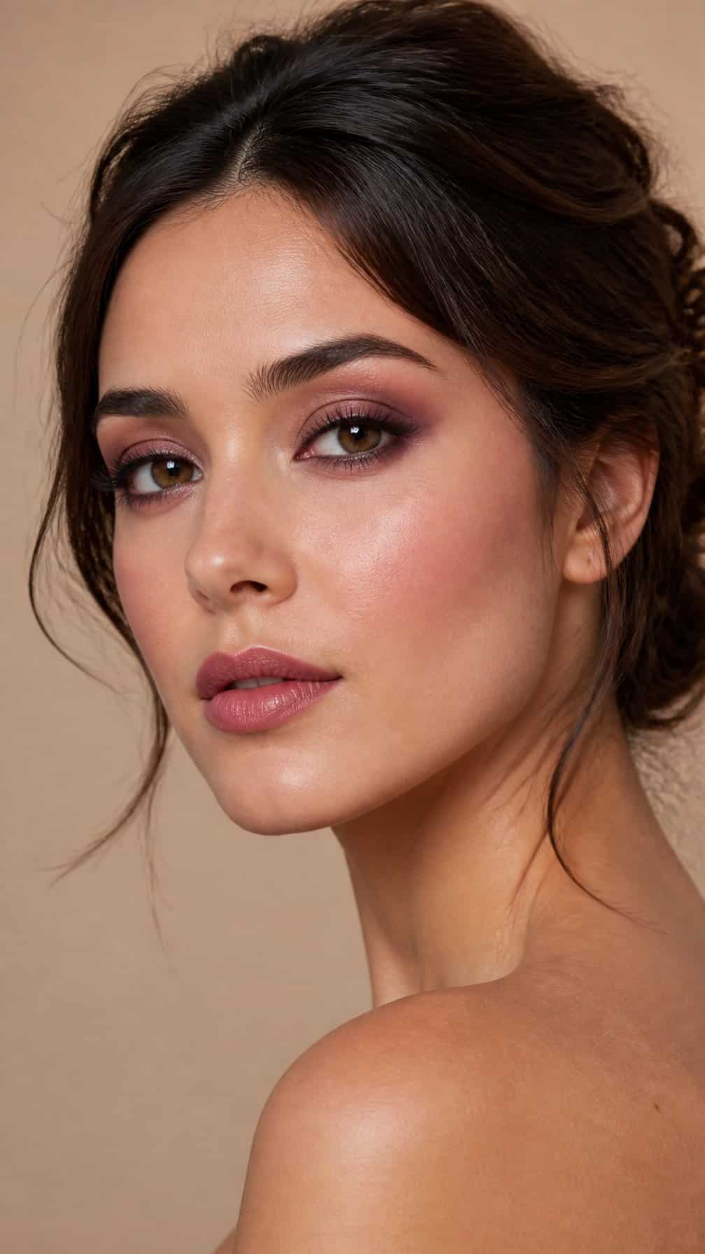 Close-up portrait of a woman wearing softly blended plum eye makeup and natural glam makeup.