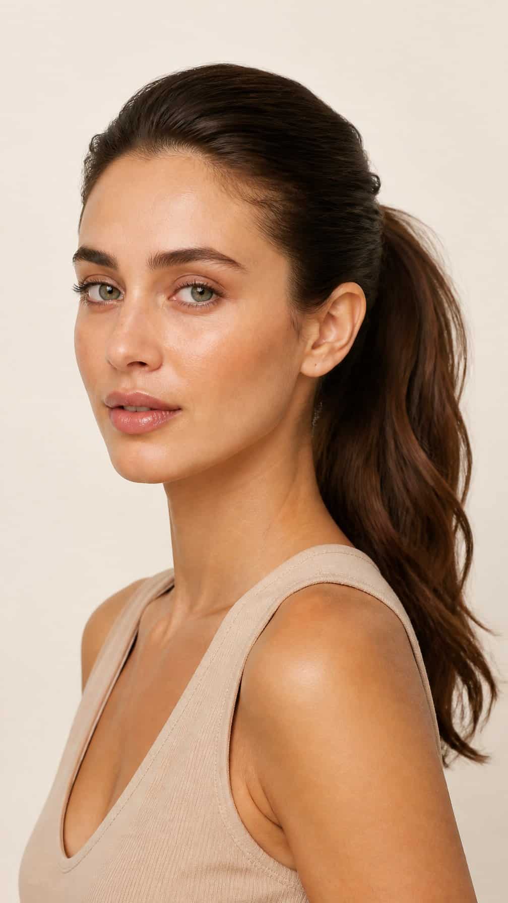 A woman with her hair pulled back into a smooth ponytail.