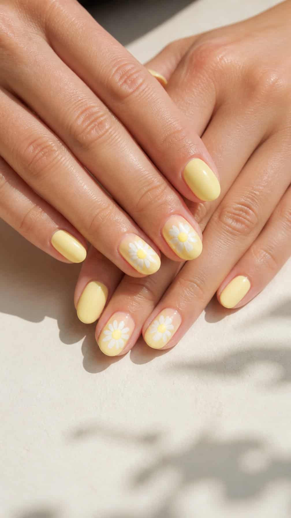 A close-up of manicured hands with soft yellow nails decorated with small white daisies.