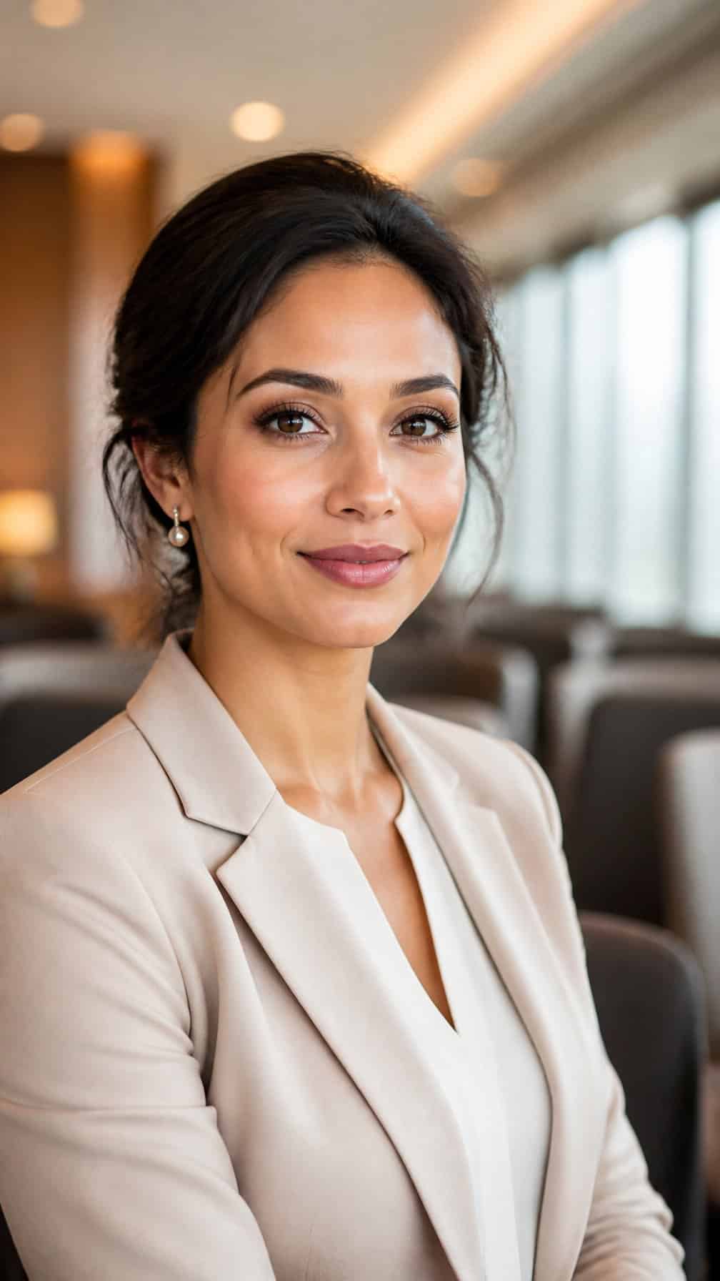 A confident woman with polished neutral makeup sits in a modern conference venue.
