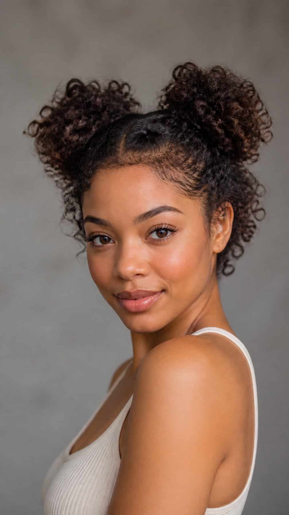 Person with short curly hair styled into two high space buns.