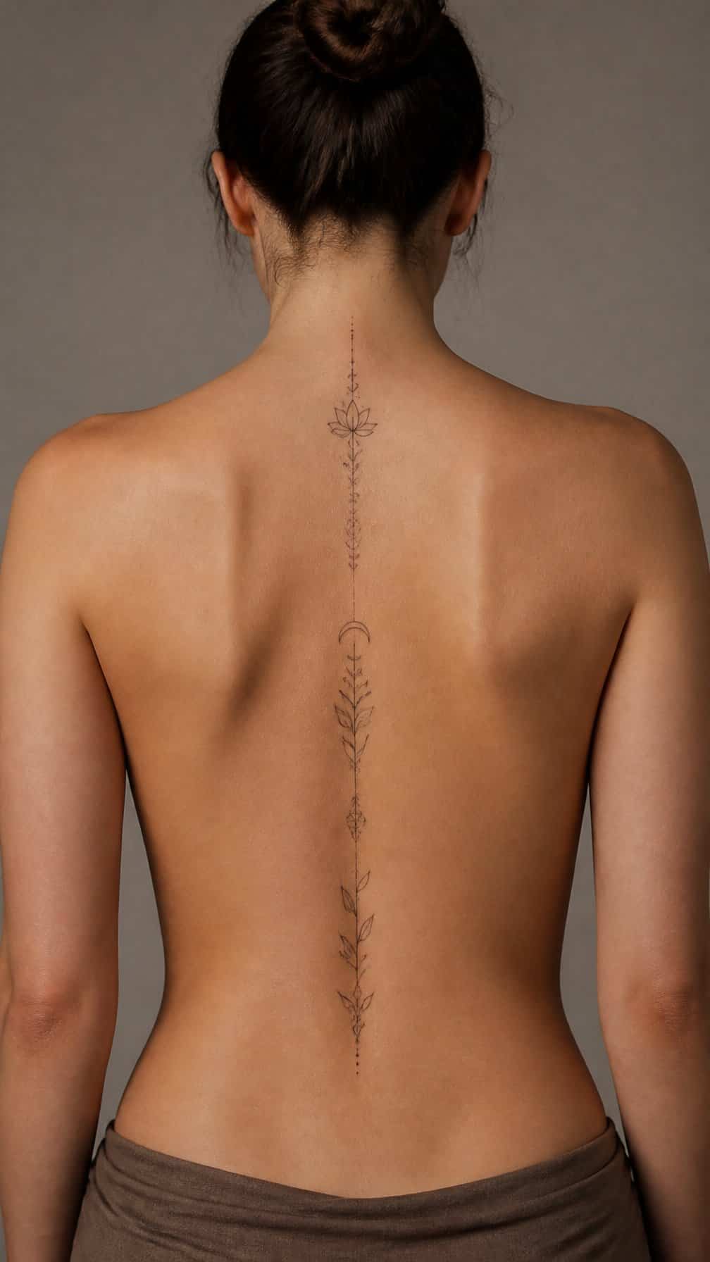 Back view of a person with a delicate vertical tattoo centered along the spine.
