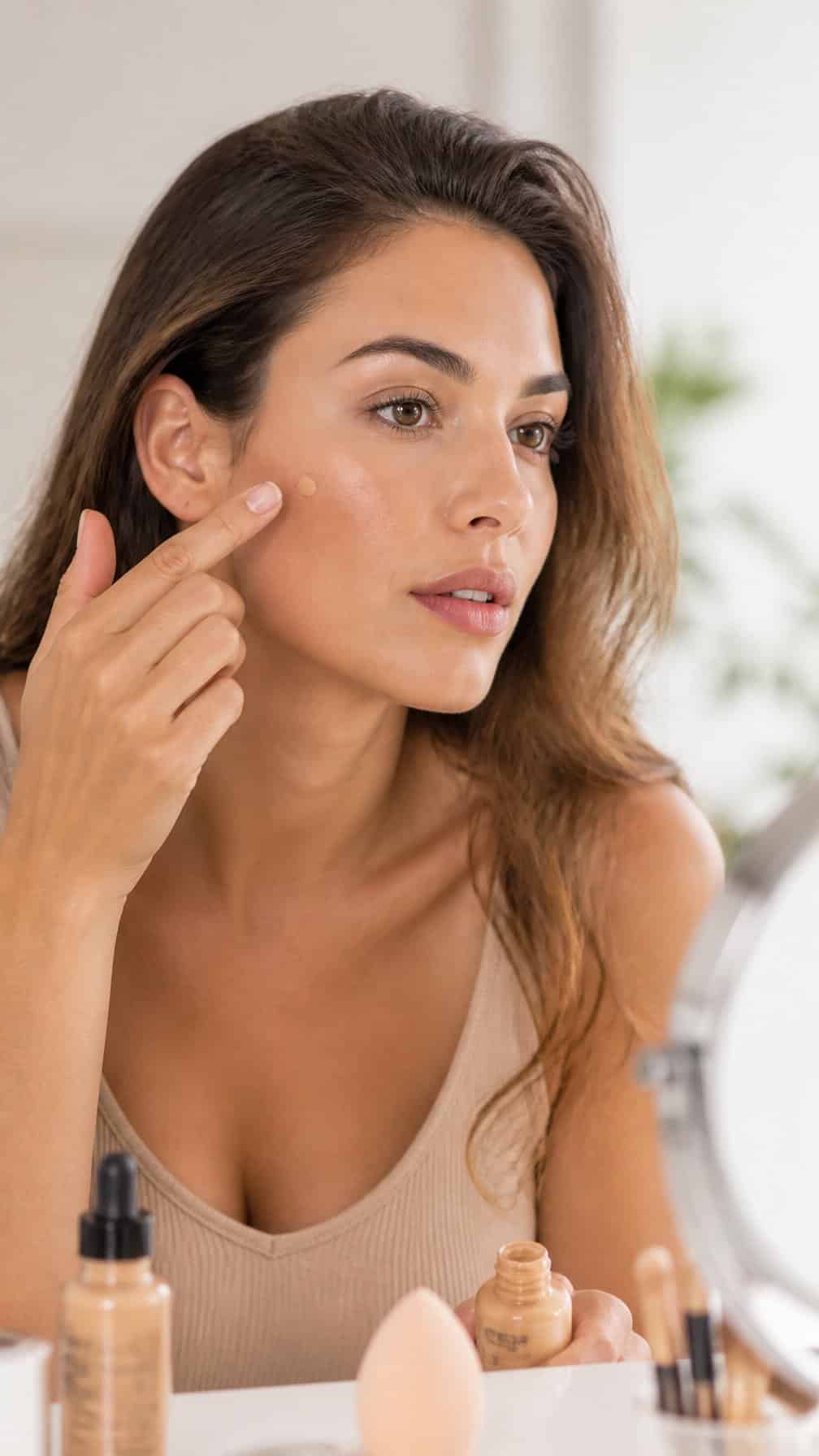 Woman applying concealer to a cheek while blending bronzing drops for a natural makeup look.