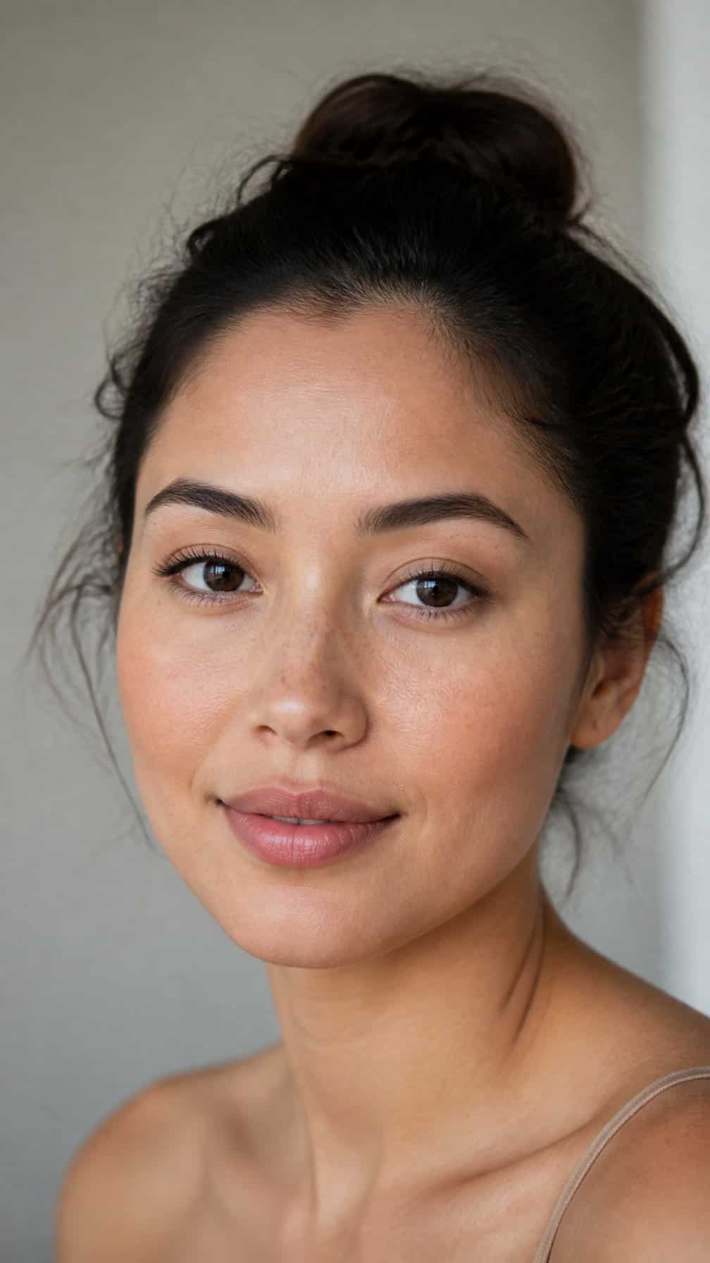 A woman with a natural complexion and subtle concealer under her eyes and on small blemishes.