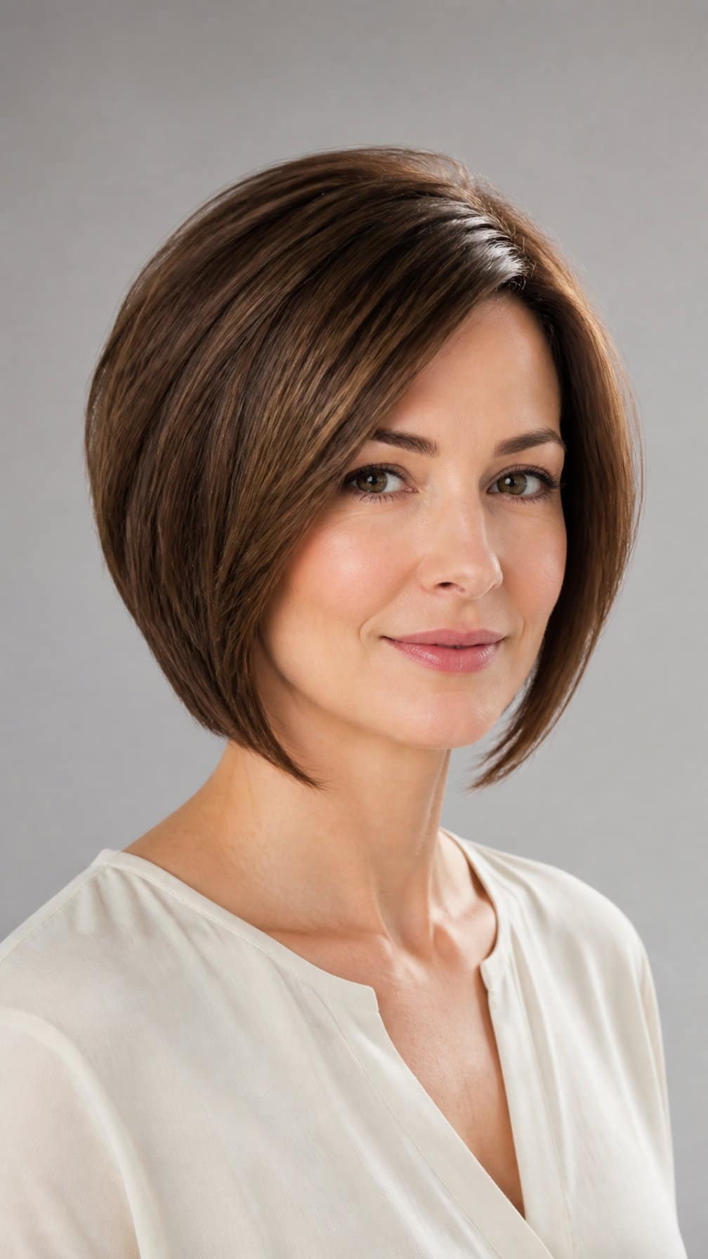 Woman with a short layered bob haircut posing against a light gray background.