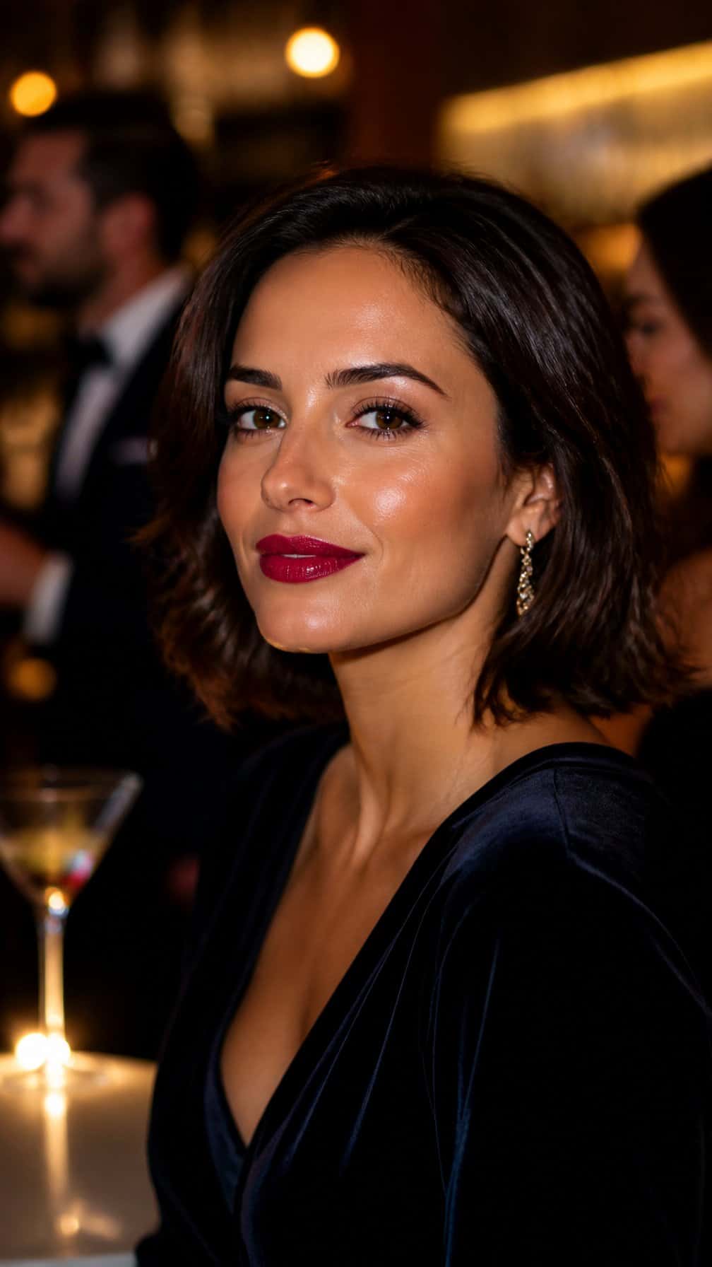 Woman wearing bold berry-red lipstick at an elegant cocktail party.