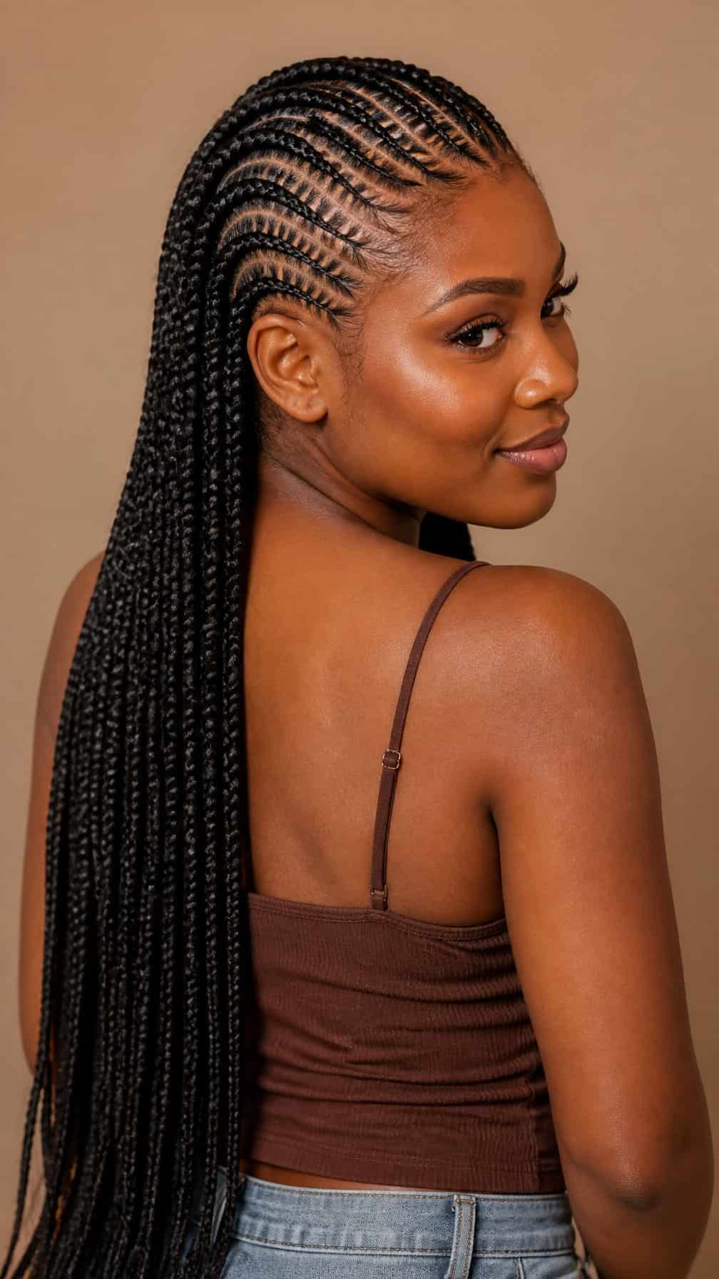A woman with long braided hair poses against a plain background.