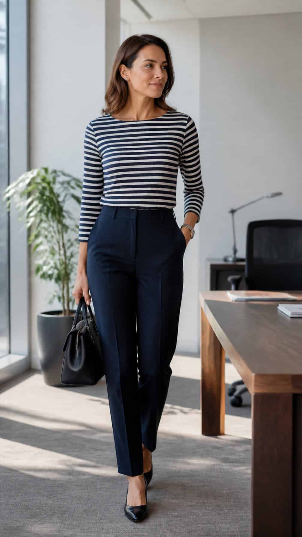 A woman in a striped boatneck top and navy trousers stands in a modern office.