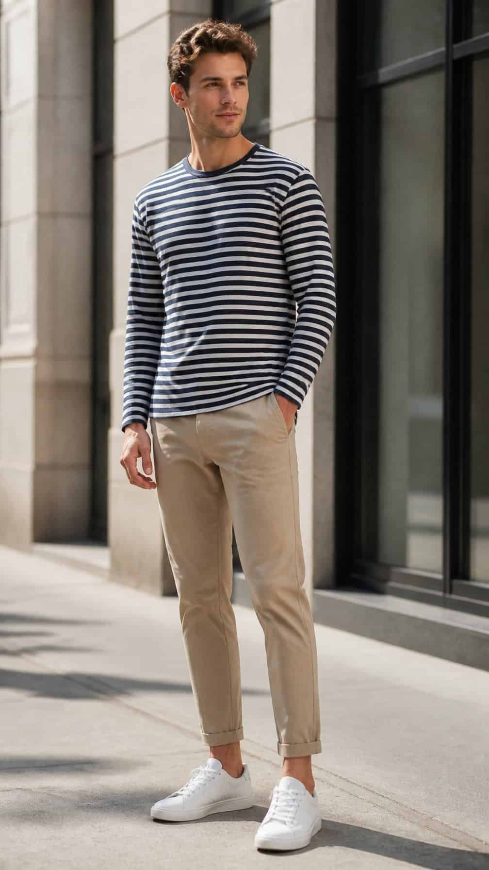 A person wearing a striped long-sleeve shirt, cropped chinos, and white sneakers stands on a city sidewalk.