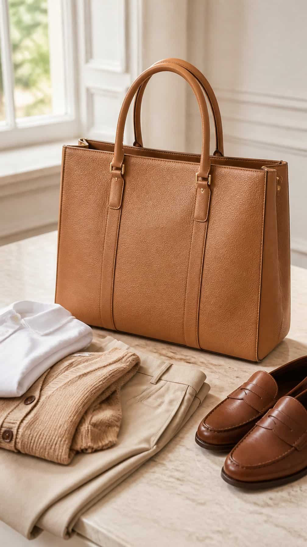 A structured tan leather tote sits beside a neutral tailored outfit on a light tabletop.