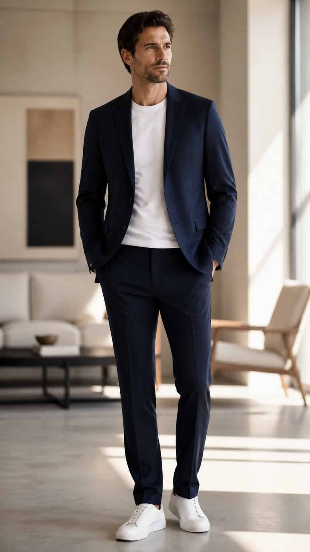A man wearing a navy suit over a plain white T-shirt stands in a bright minimalist room.