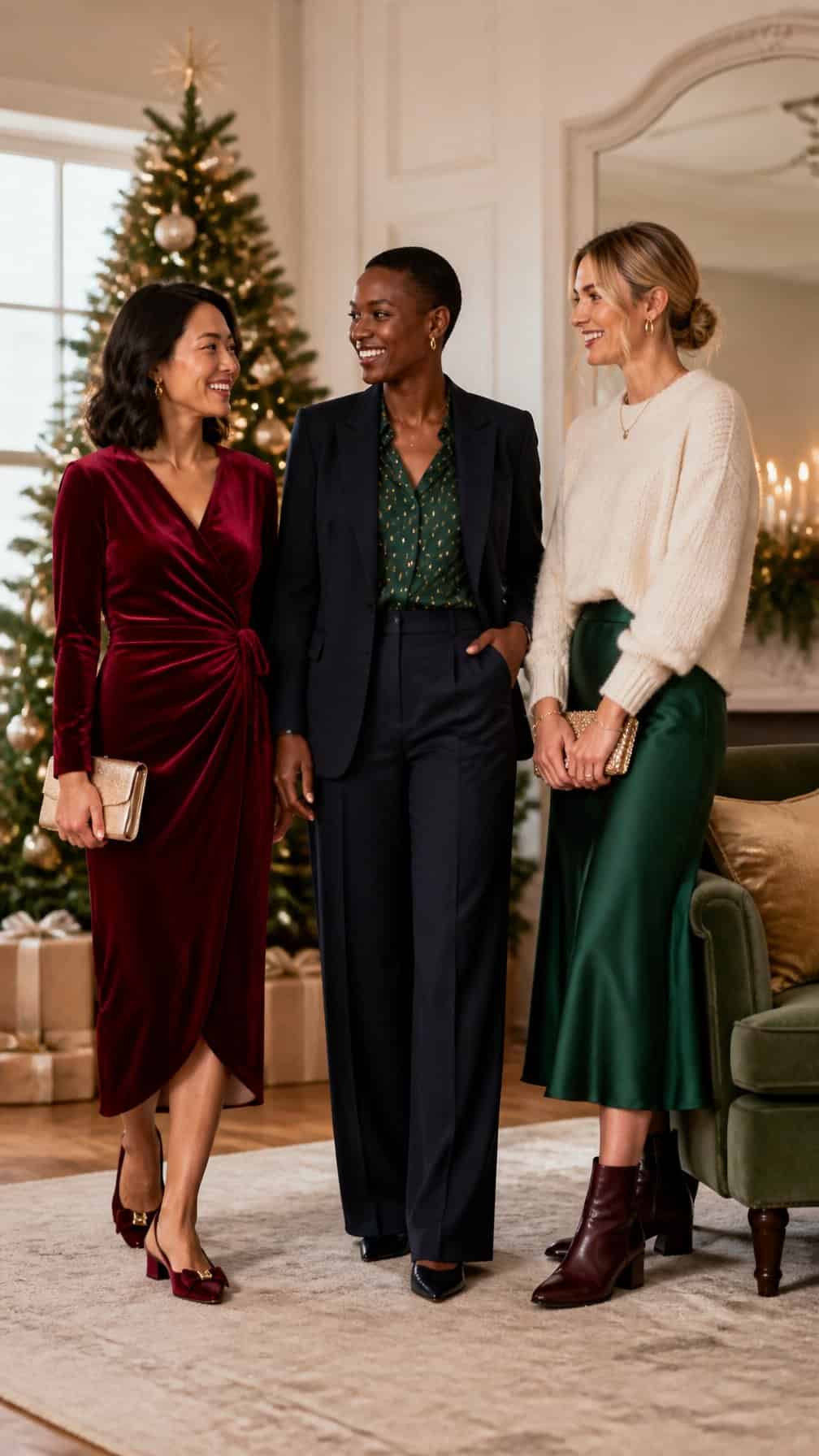 Three adults wearing comfortable festive outfits in a warmly decorated Christmas room.