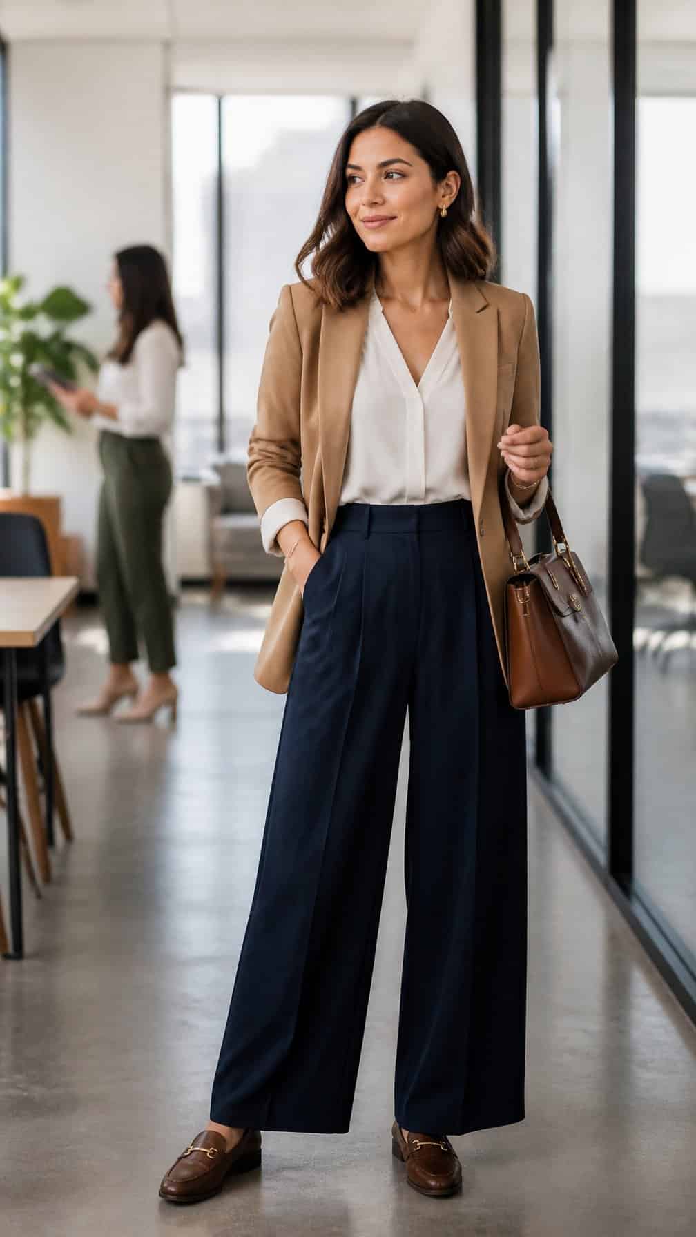 A professional woman in a blazer and wide-leg trousers standing in a modern office.