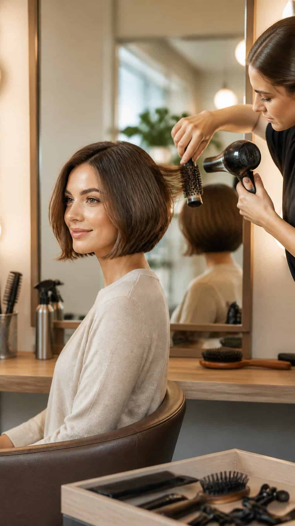 A woman with a short bob haircut receives styling from a hairstylist in a salon.