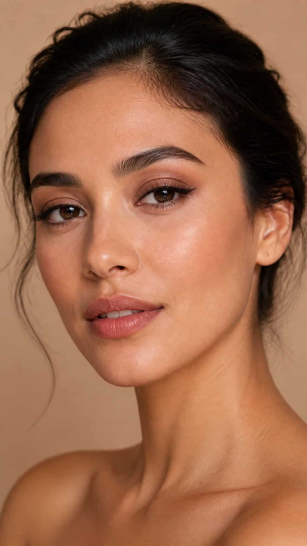 Woman wearing subtle black eyeliner and softly blended neutral eyeshadow.