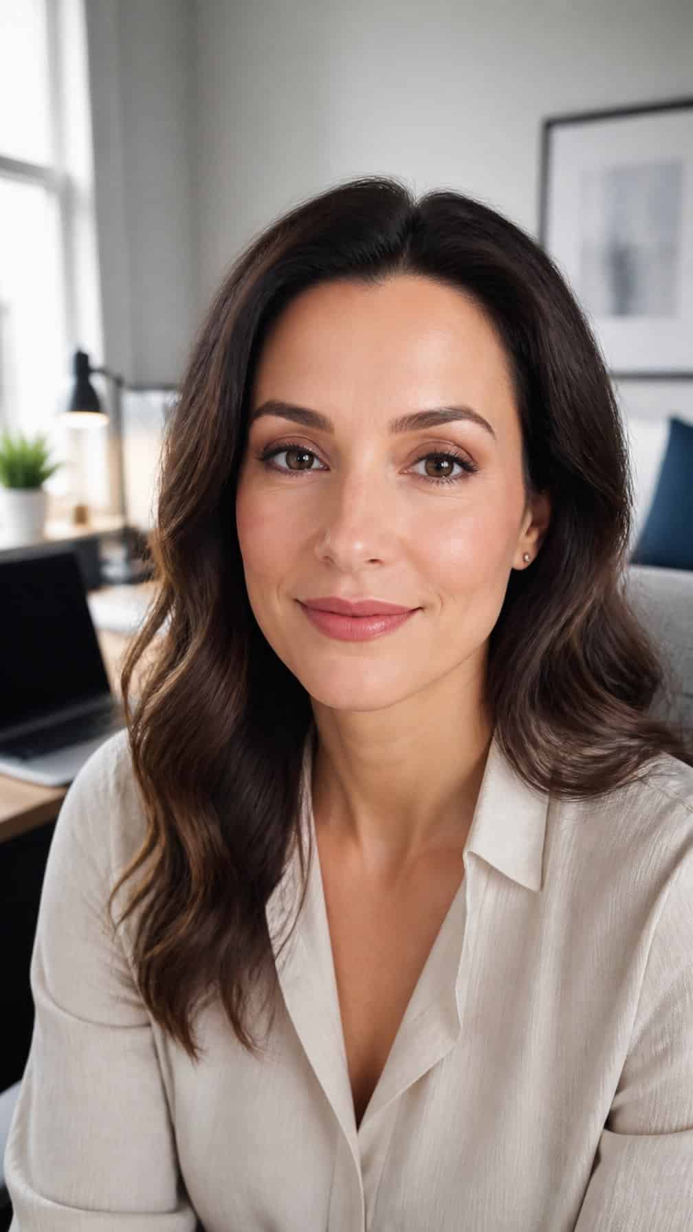 Woman with natural makeup looking at a laptop in a softly lit home workspace.