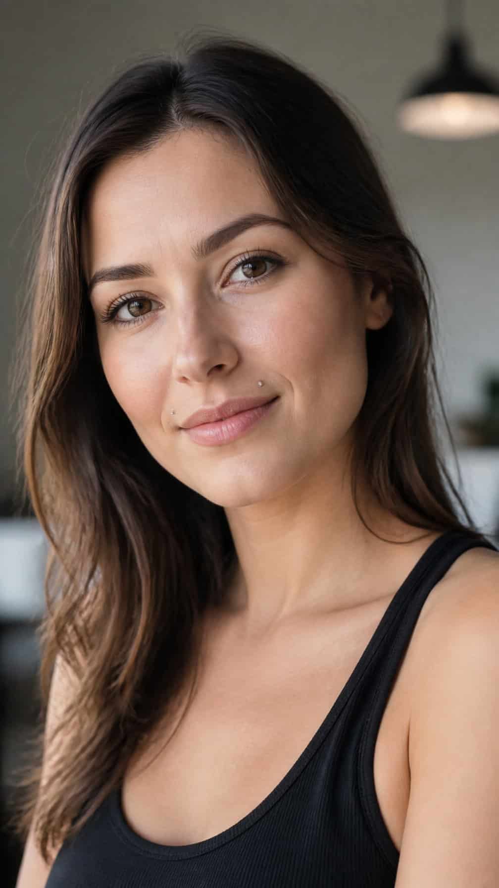 Close-up portrait of a woman with a small stud piercing above one side of her upper lip.