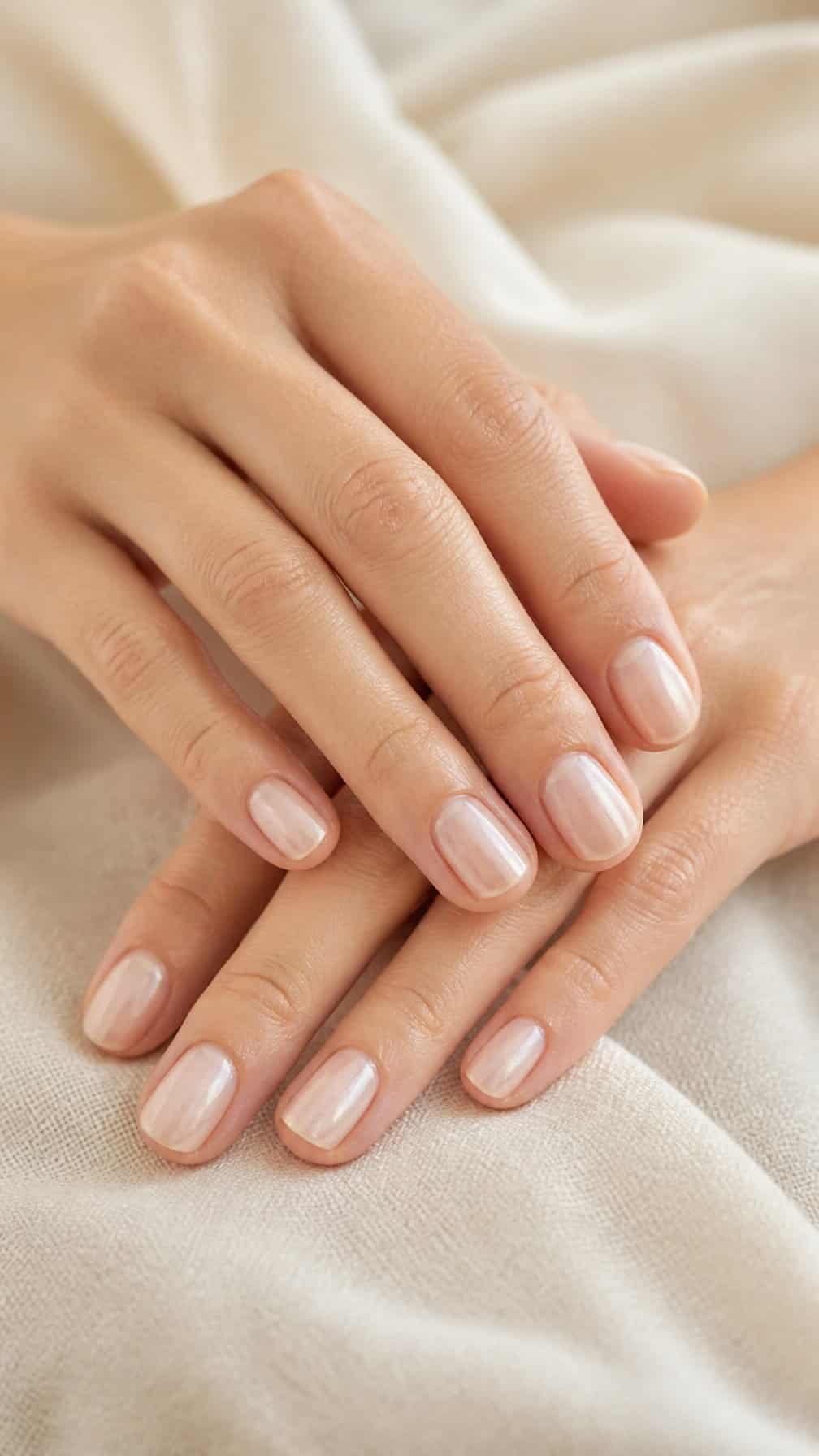 Close-up of manicured hands with softly pearlescent natural nails resting on cream fabric.