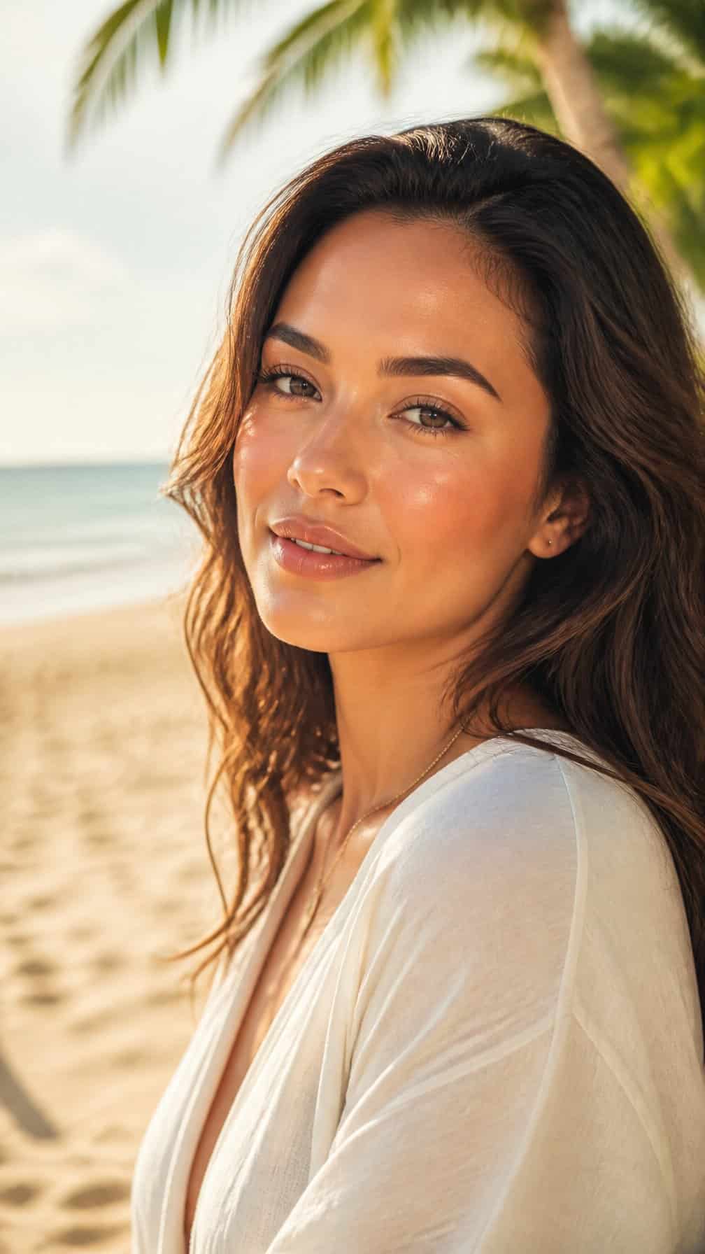 Woman wearing warm, natural makeup beside a sunny tropical beach.