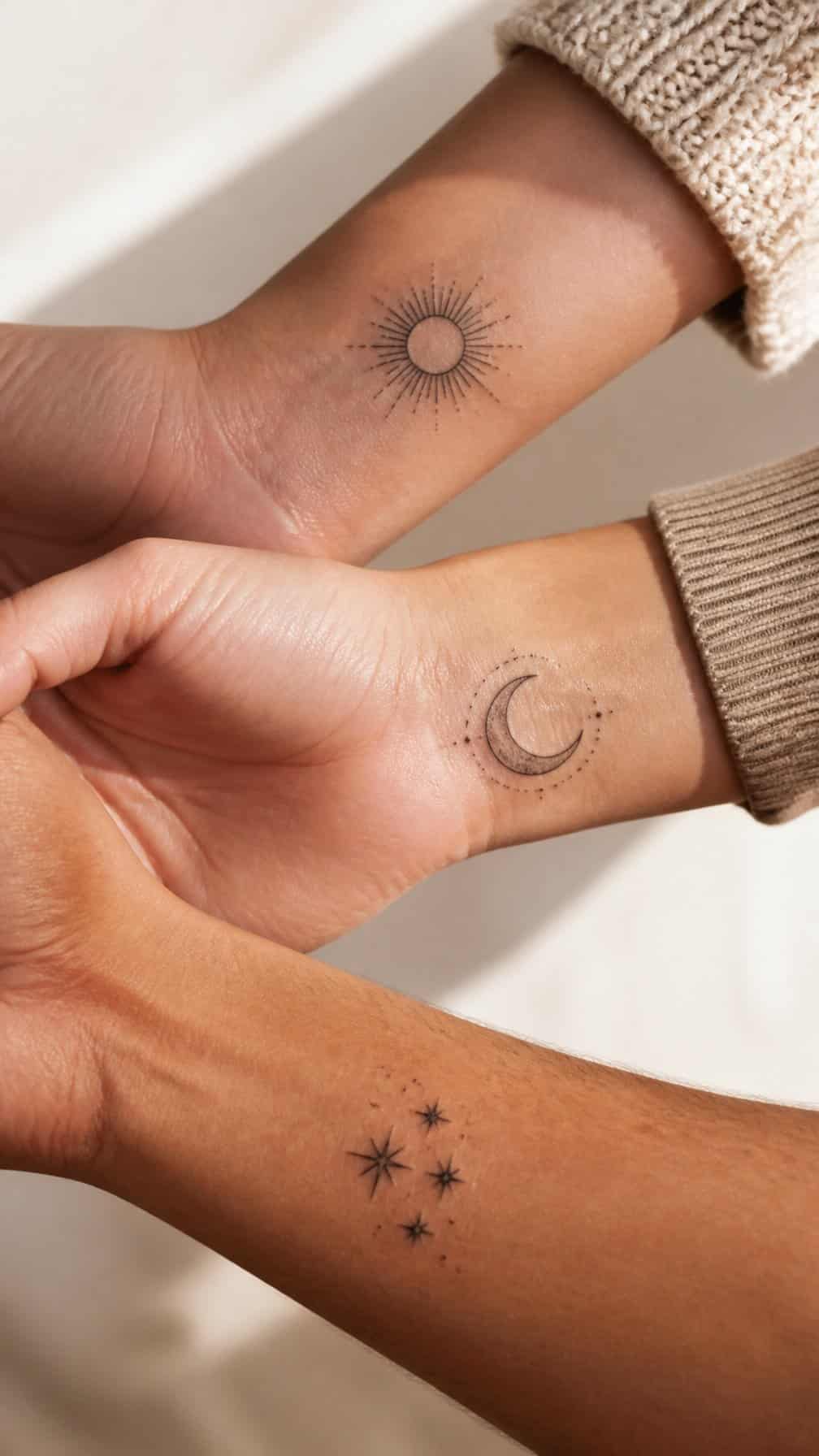 Three family members display coordinated sun, moon, and star tattoos on their arms.