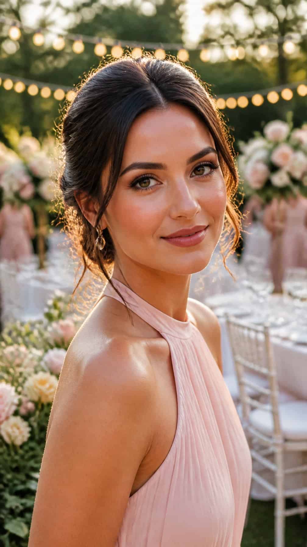Bridesmaid wearing polished makeup at an outdoor summer wedding reception.