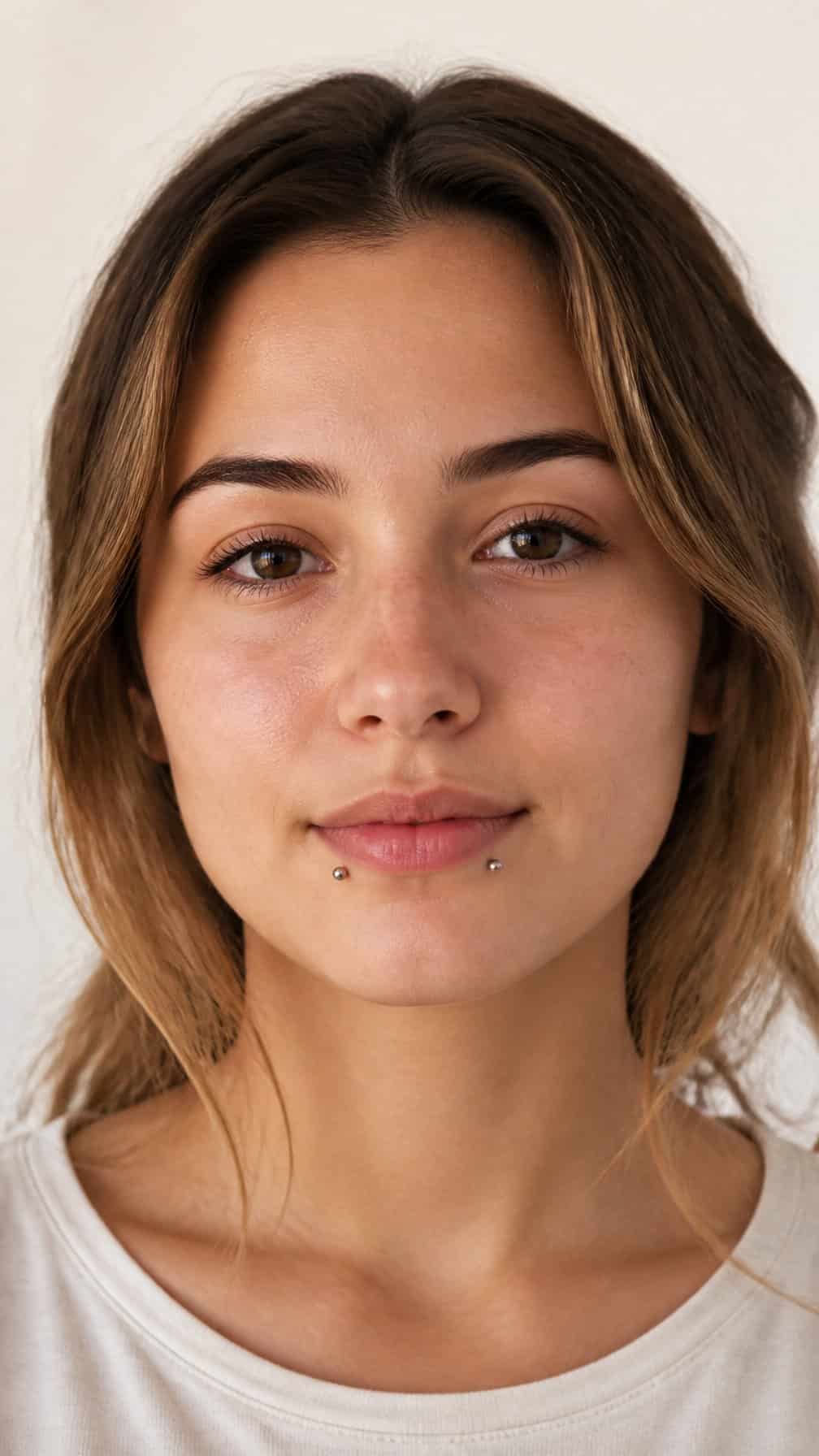 Close-up portrait showing two symmetrical silver studs on the lower lip.