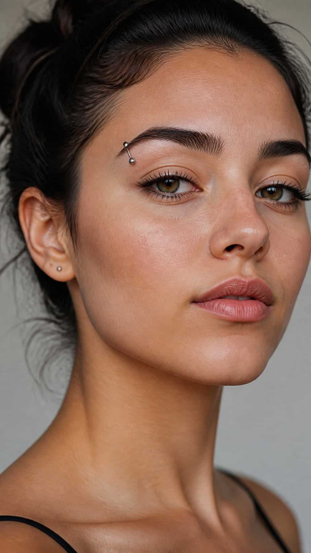 Close-up portrait of a person with tapered eyebrows and a small piercing near the outer end of one brow.