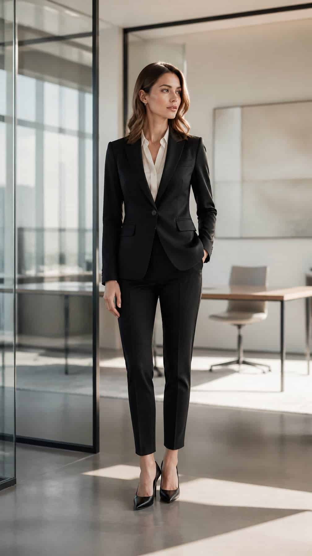 A woman in a black blazer and slim trousers standing in a modern office.
