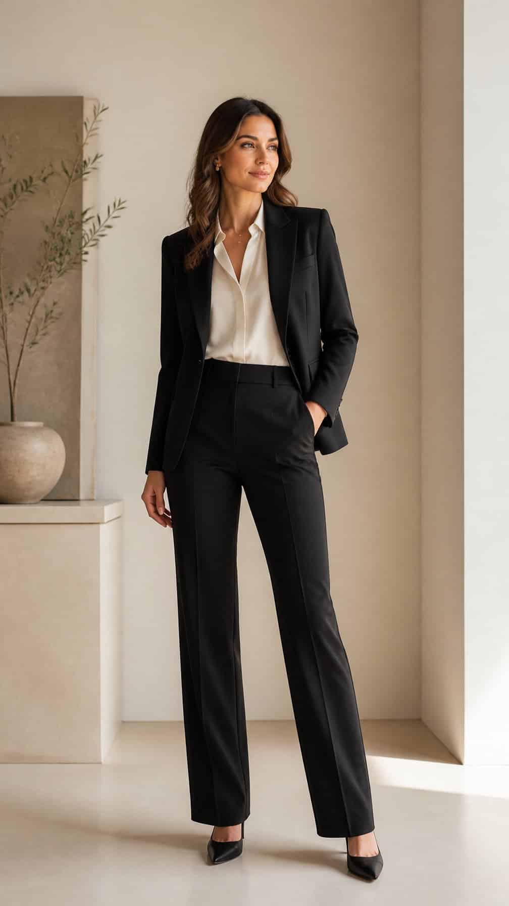 A woman wearing a tailored black blazer and straight-leg trousers stands in a bright minimalist interior.
