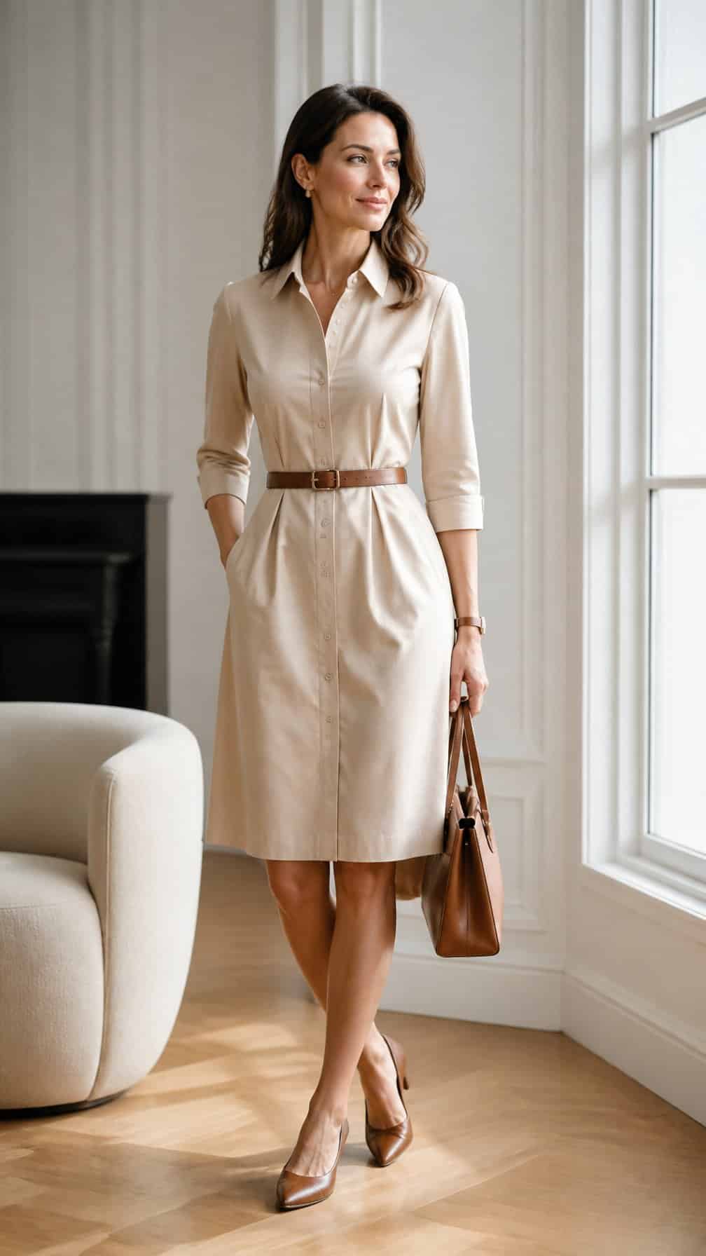 A woman wearing a belted shirt dress stands in a bright modern interior.